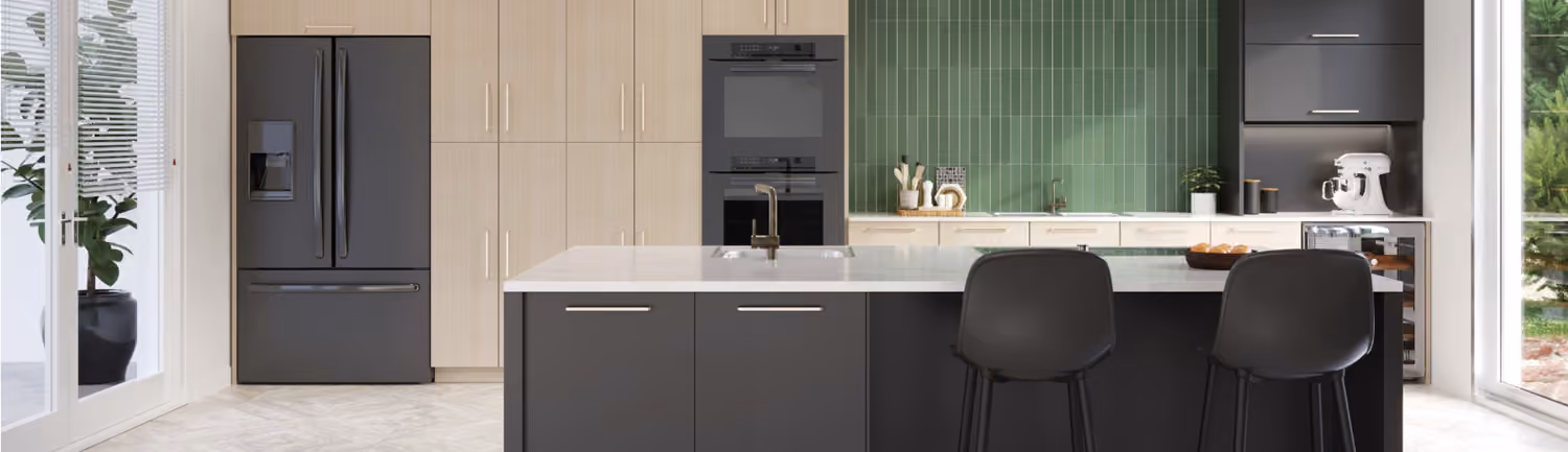 Room with Urban Blonde Oak flat panel cabinets