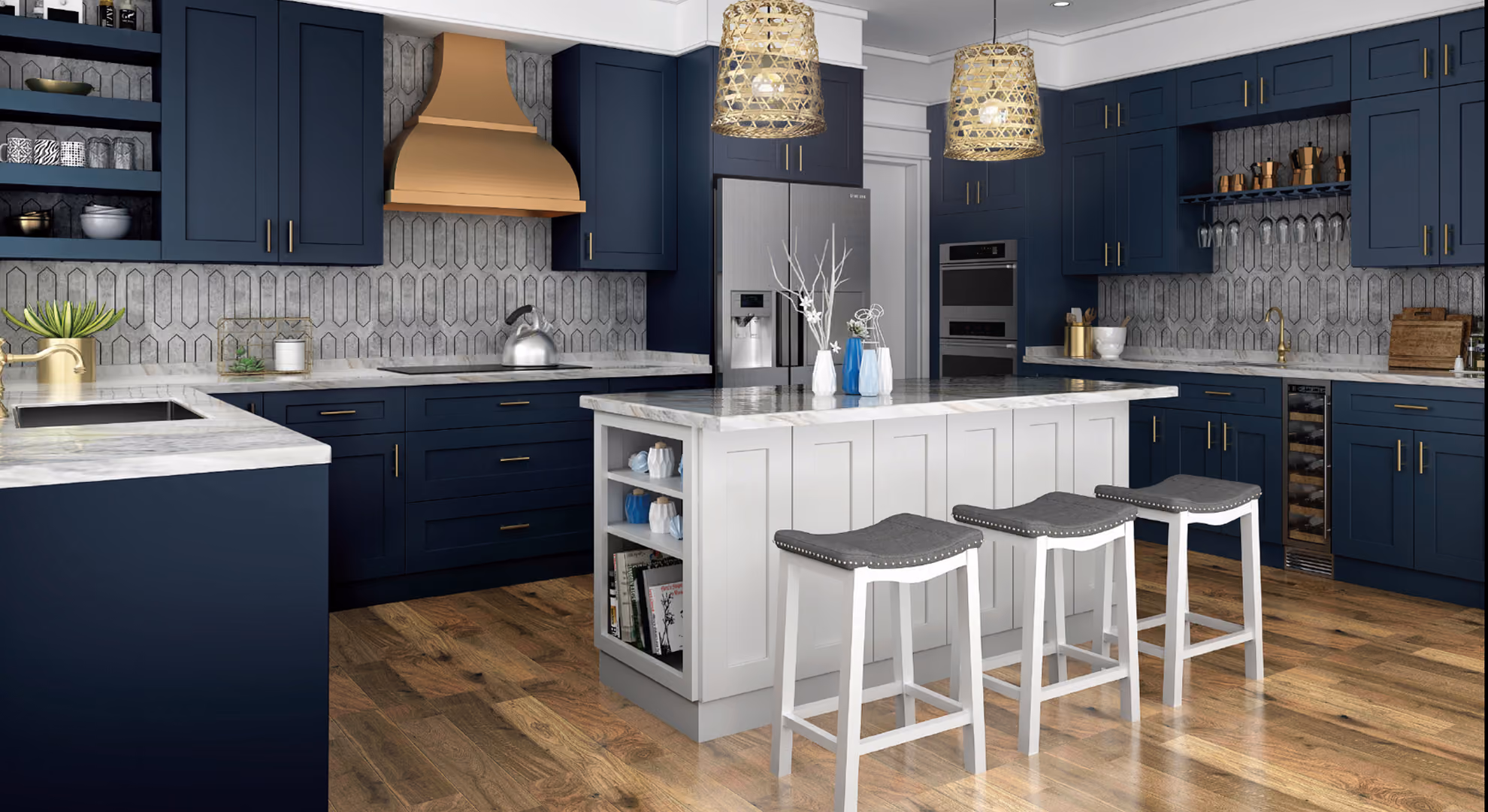 Kitchen: navy (Imperial Blue) with copper hood