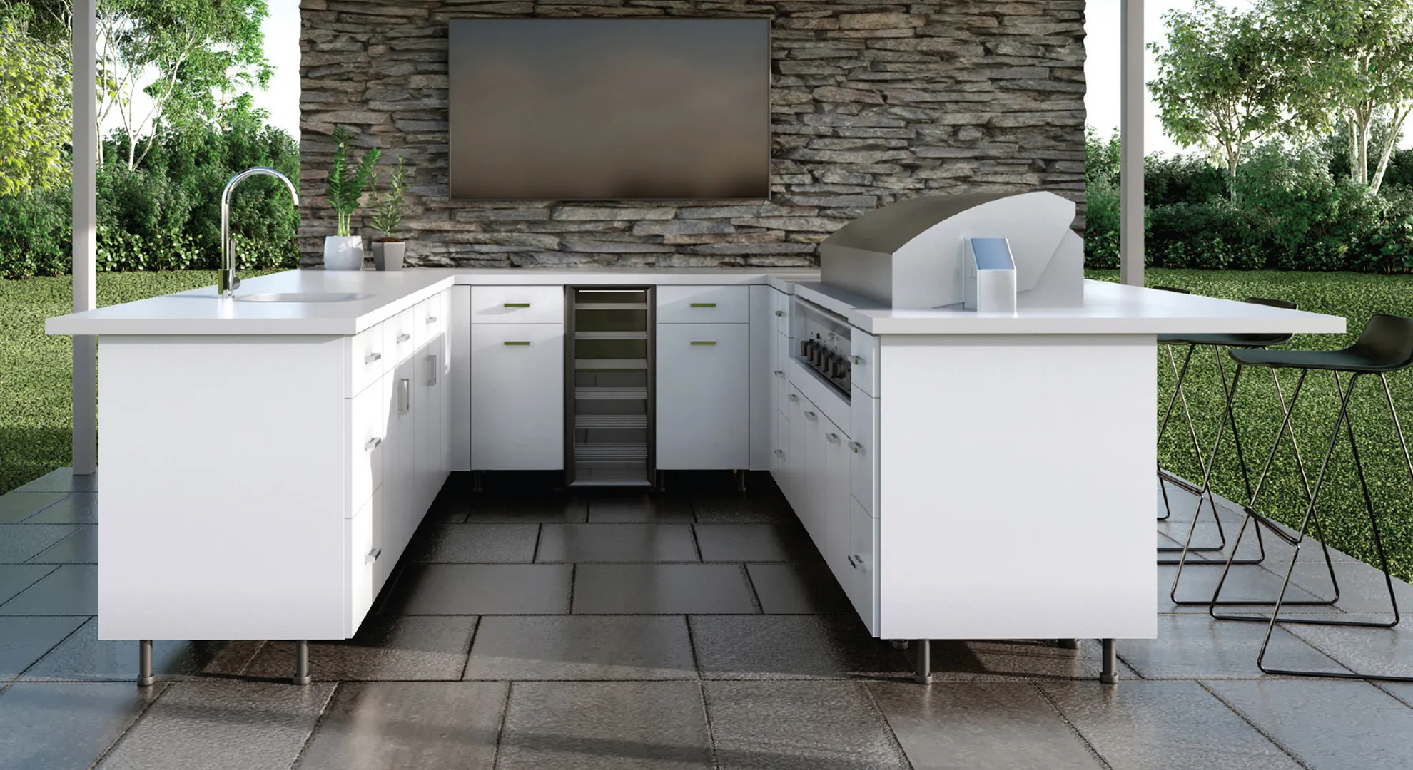 White Endura outdoor kitchen with a grill and wine cooler under a covered patio
