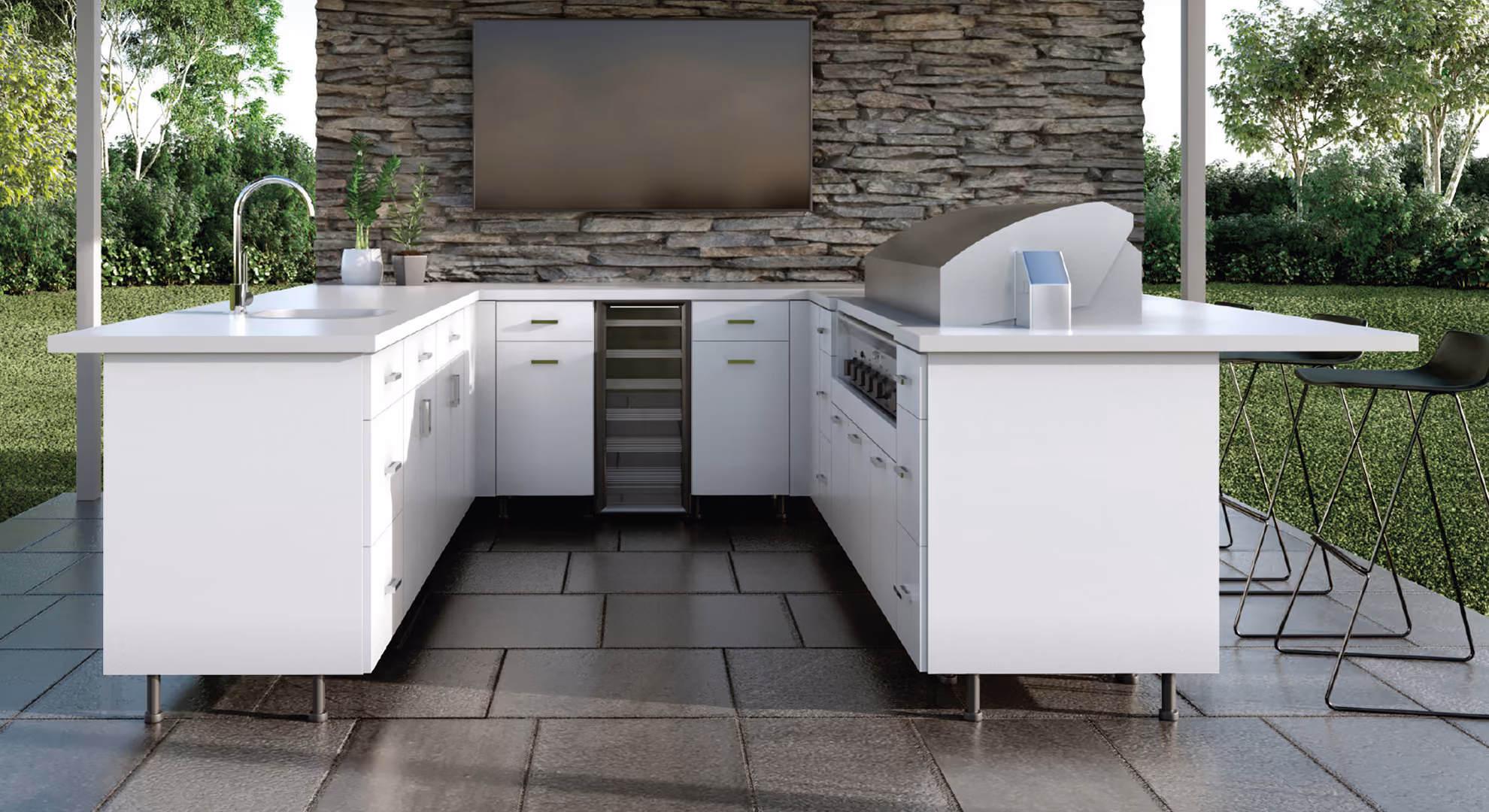 White Endura outdoor kitchen with a grill and wine cooler under a covered patio