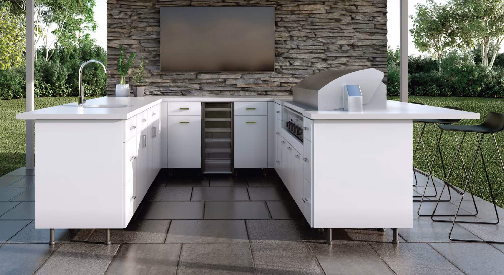 White Endura outdoor kitchen under a covered patio