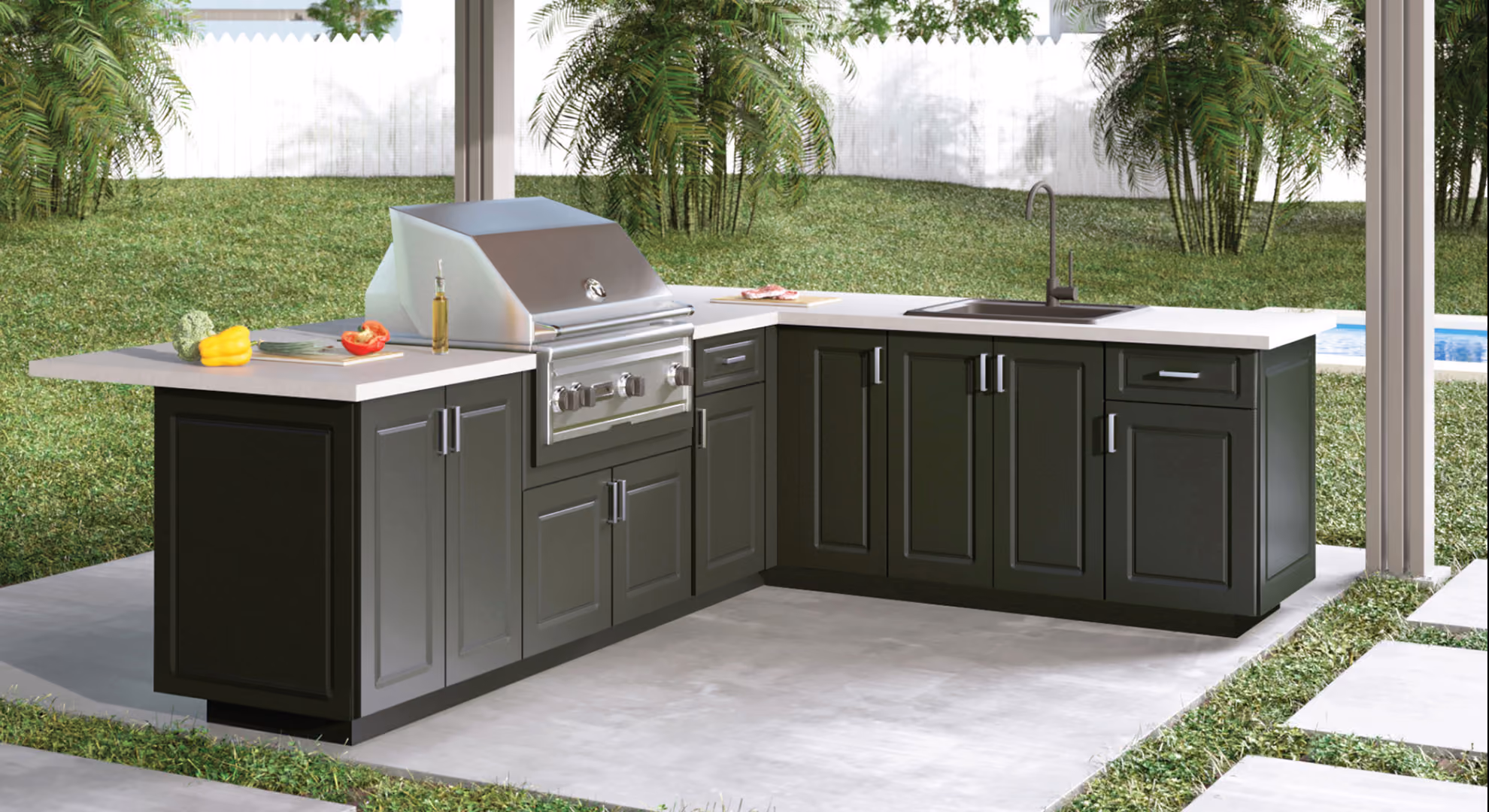 Dark green Endura outdoor kitchen with a grill in a backyard garden
