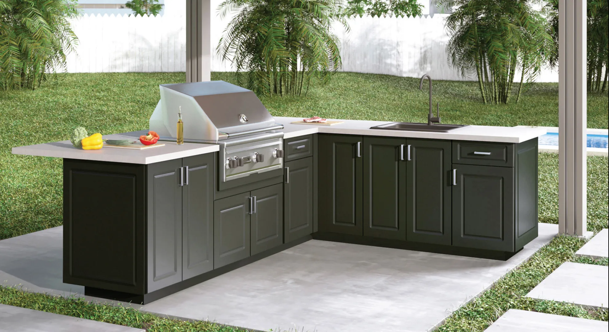 Dark green Endura outdoor kitchen with a grill in a backyard garden