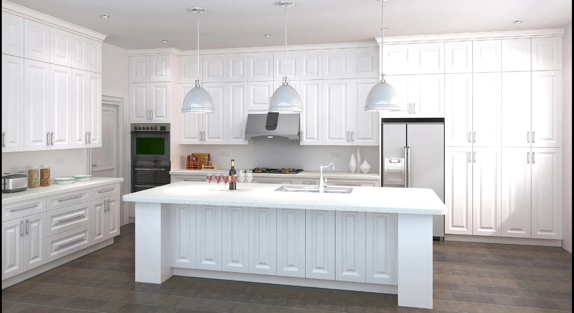 White EliteCraft Classic raised panel kitchen with a large island and pendants