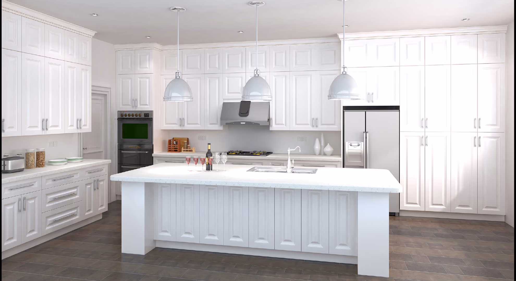 Kitchen: white raised-panel, large island with pendants