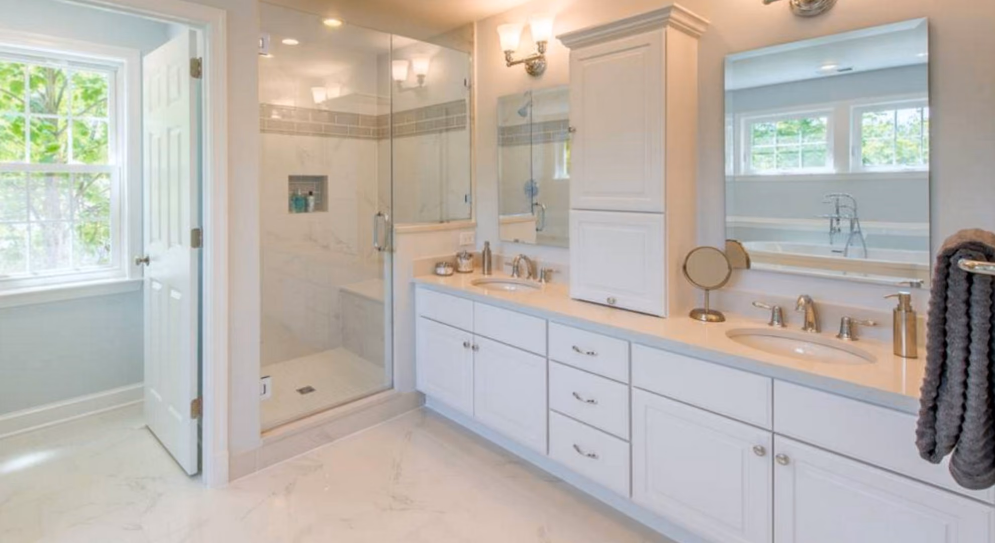 Bath vanity: white raised-panel with shower behind