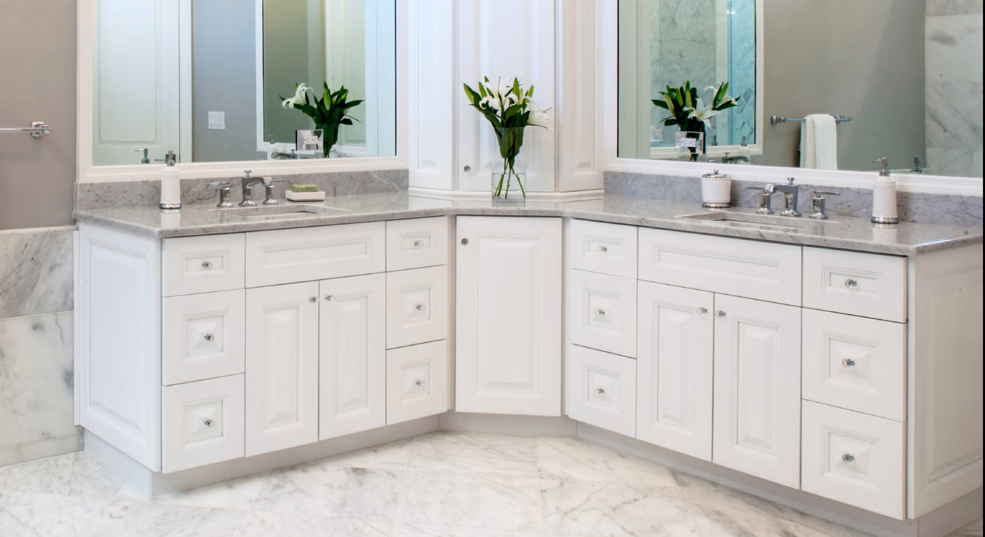 Bath vanity: white raised-panel corner double sink