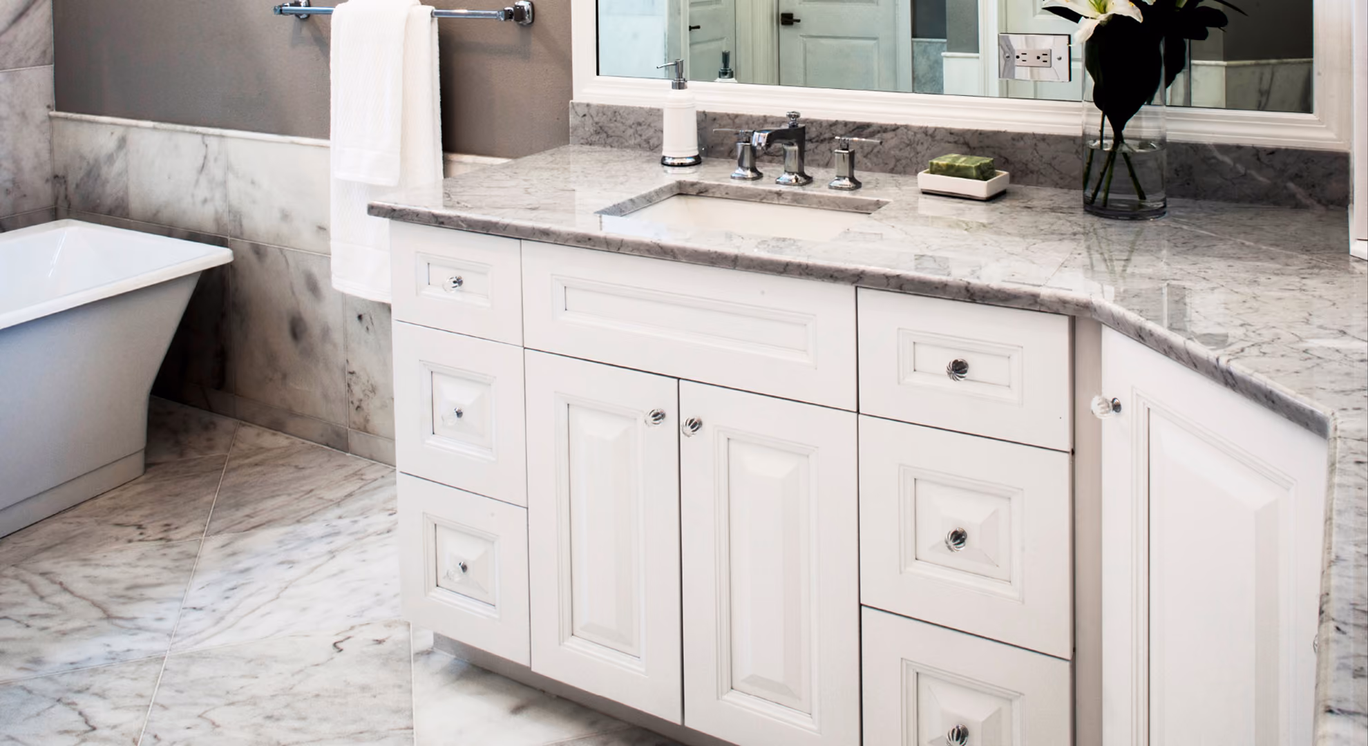 Bath vanity: white raised-panel with soaking tub