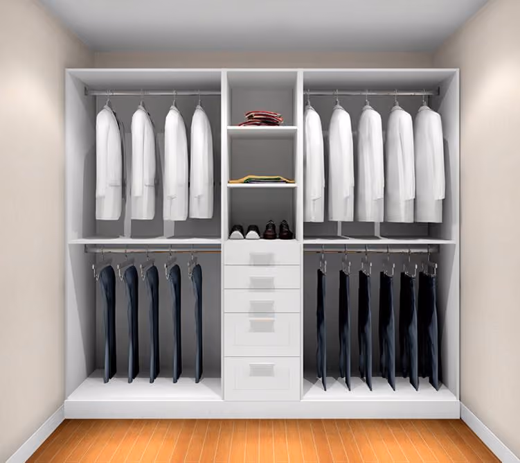 White closet system with hanging shirts and drawers