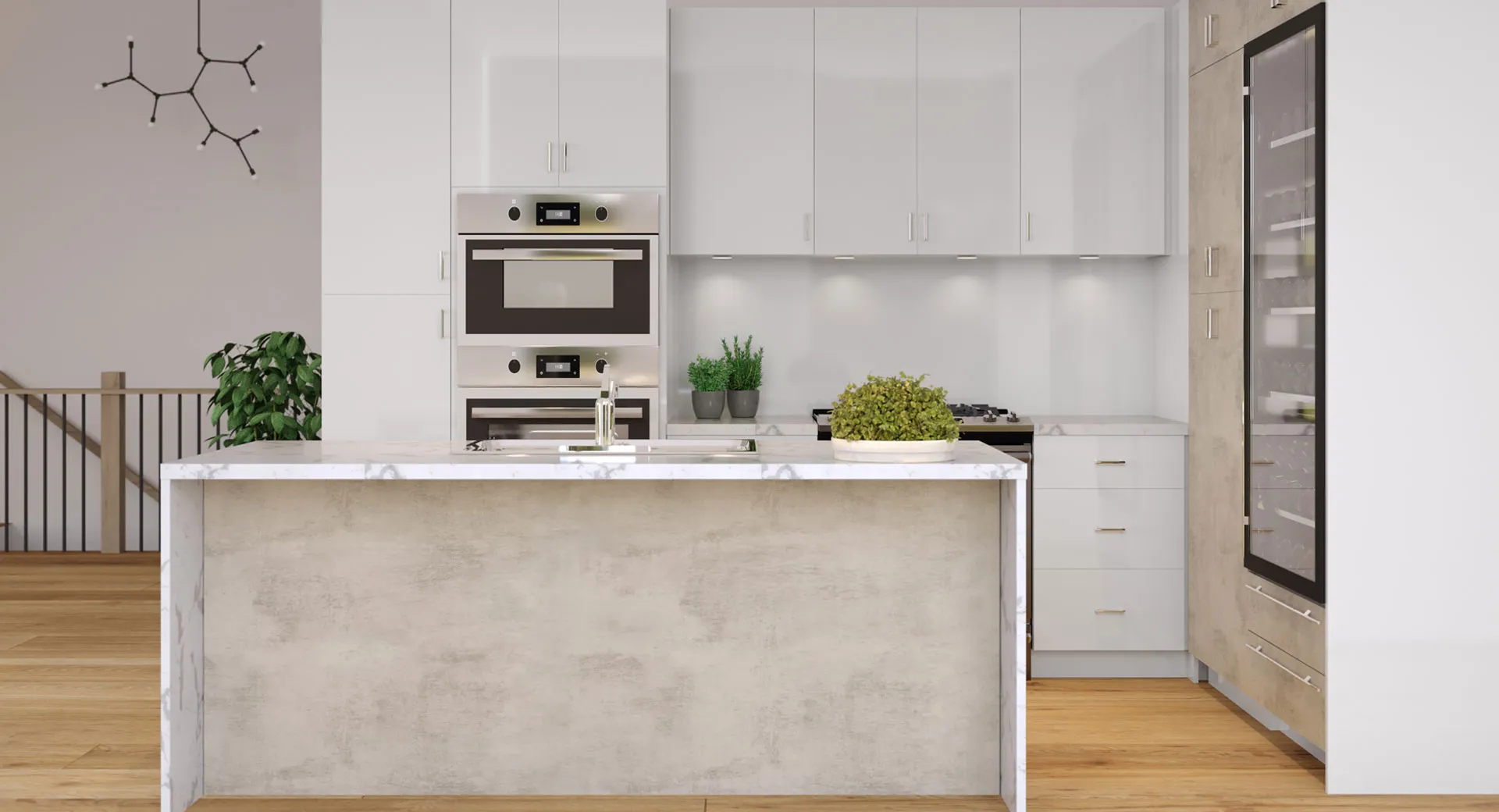 Concrete Gray kitchen: concrete-gray slab island with white cabinets