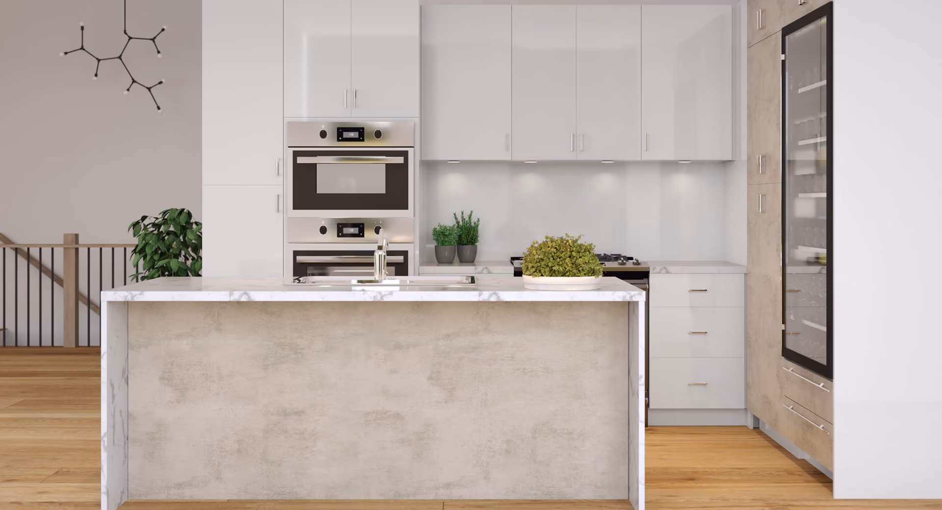 Concrete Gray kitchen: concrete-gray slab island with white cabinets