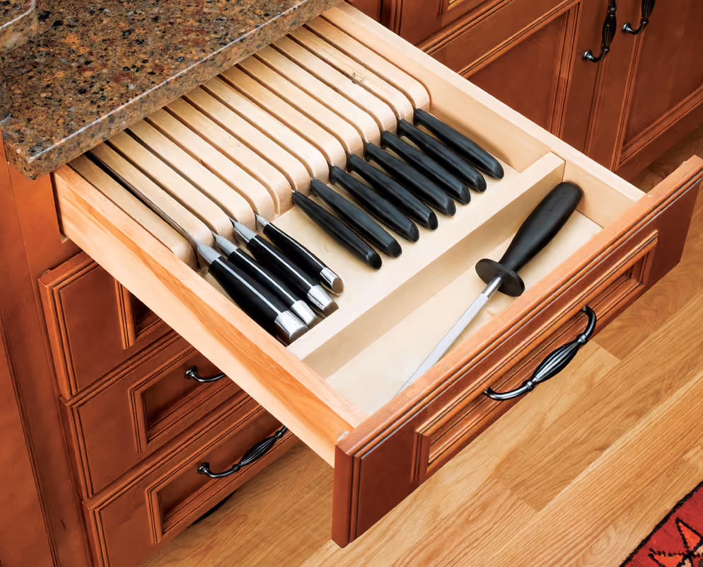 Knife block insert in a wood drawer