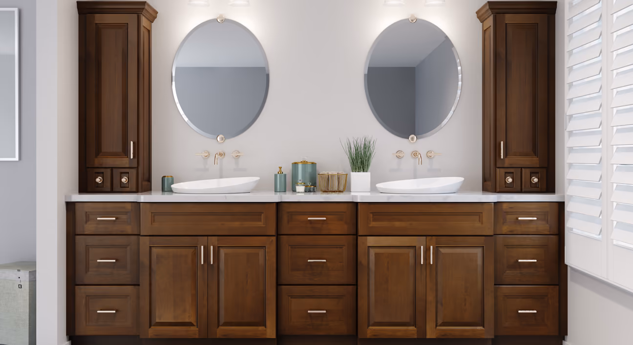 Maduro bath vanity: dark walnut raised-panel with round mirrors