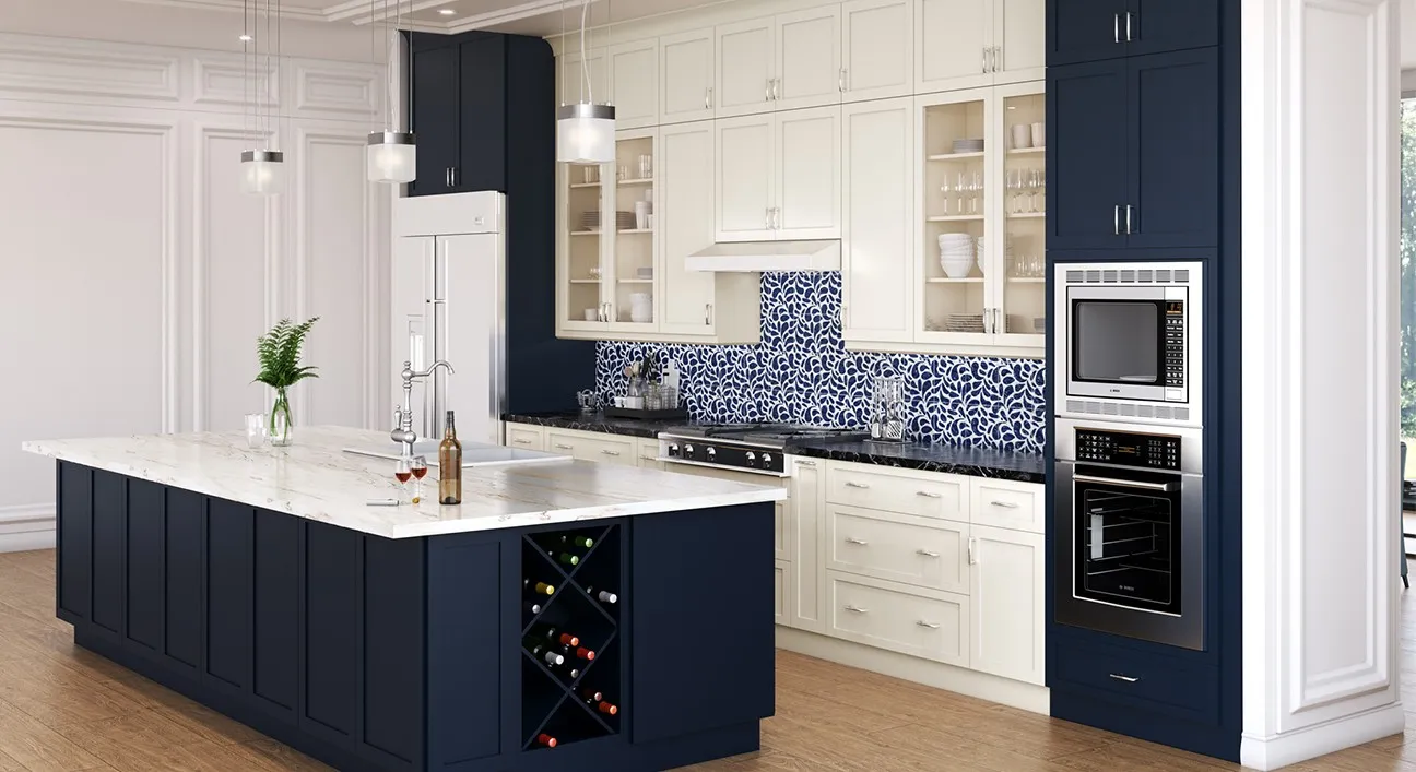 Pearl/Imperial Blue kitchen: cream shaker with navy island and blue patterned tile