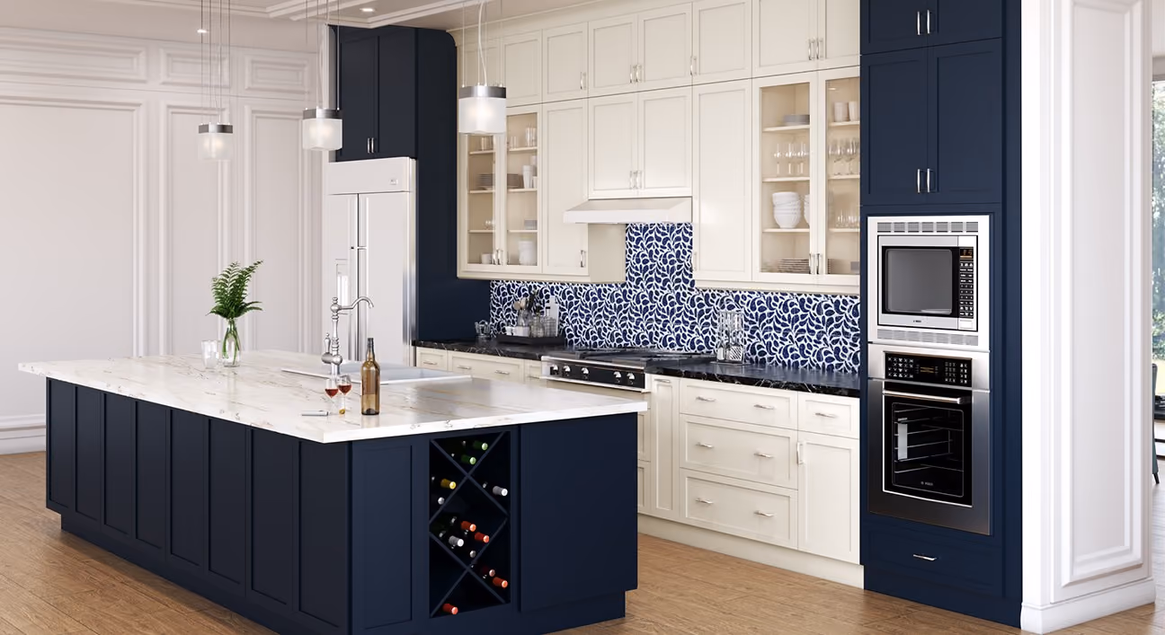 Pearl/Imperial Blue kitchen: cream shaker with navy island and blue patterned tile
