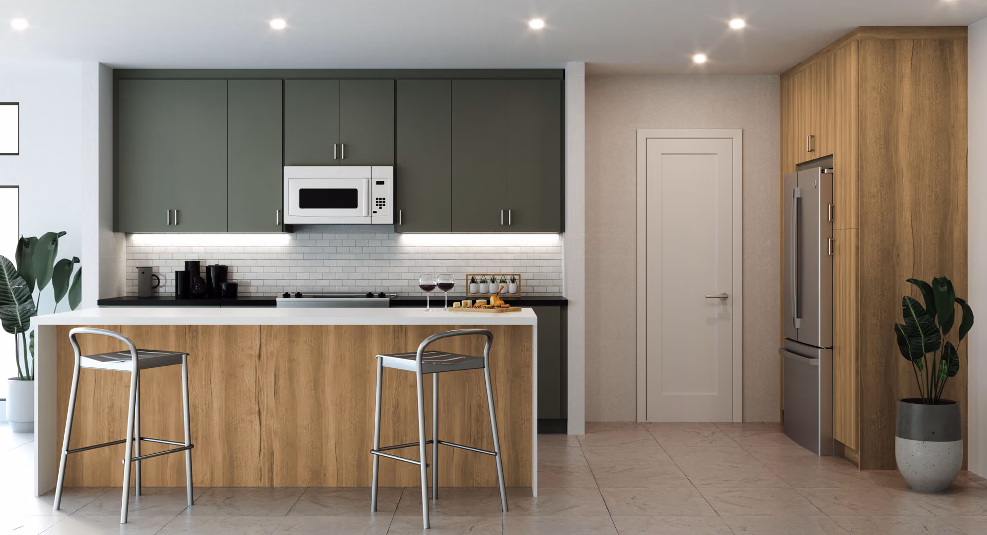 Emerald/Natural Oak kitchen: sage-green uppers and oak island