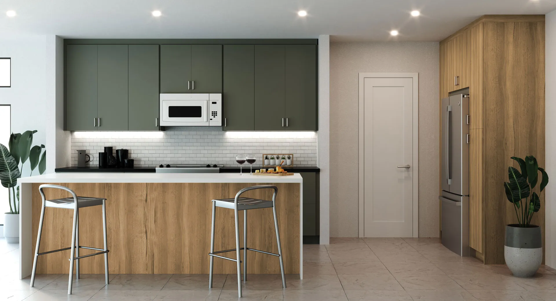 Emerald/Natural Oak kitchen: sage-green uppers and oak island
