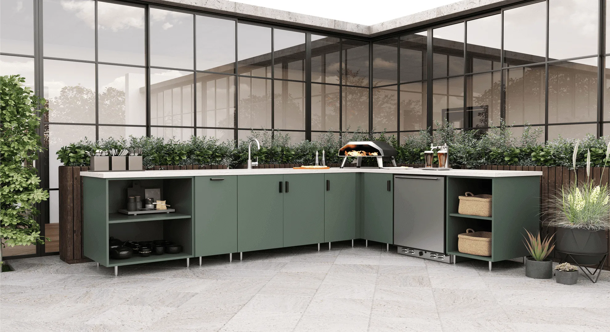 Sage Endura outdoor kitchen with open shelves and a pizza oven