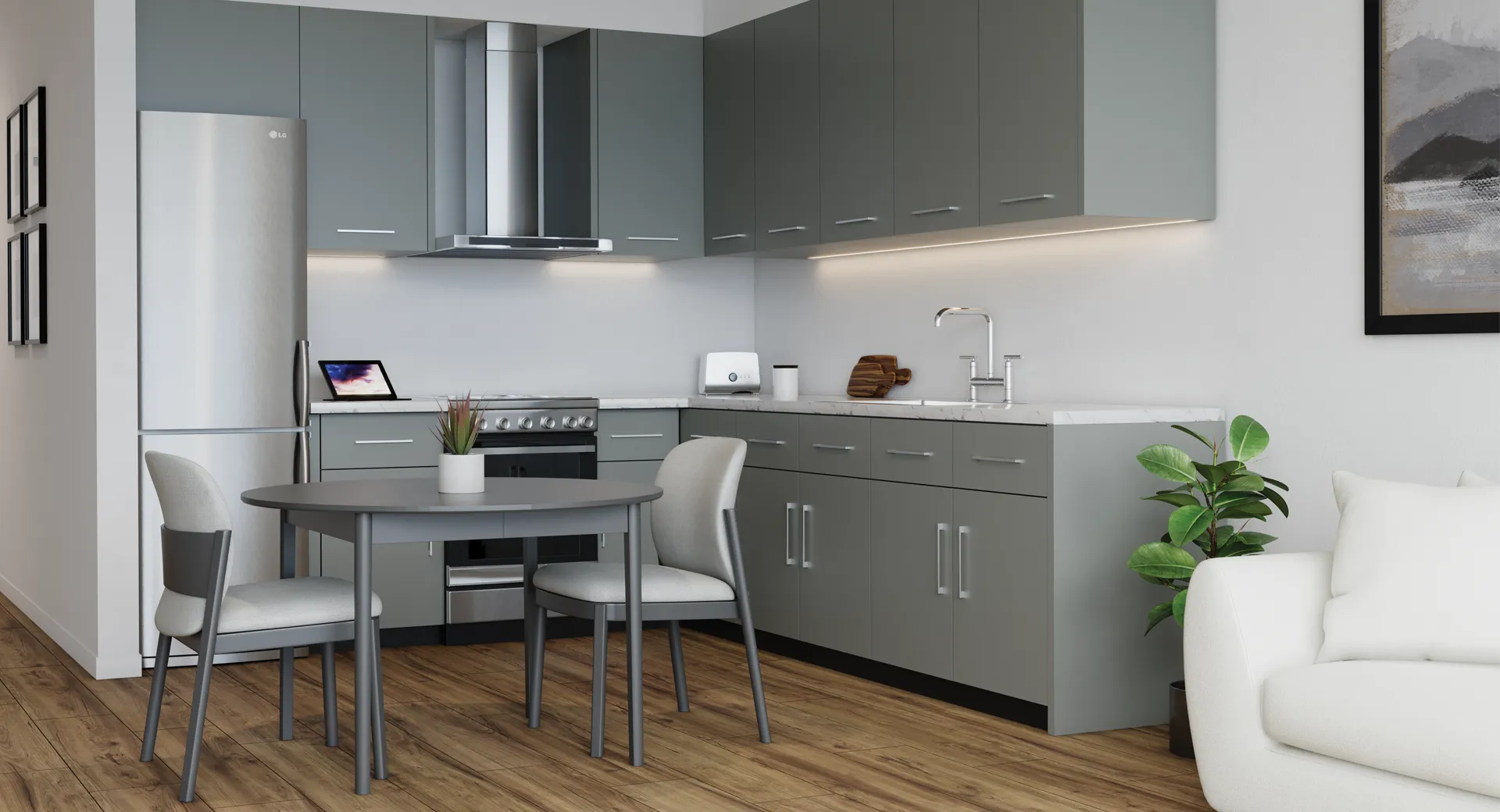 Gray slab kitchen with a dining table