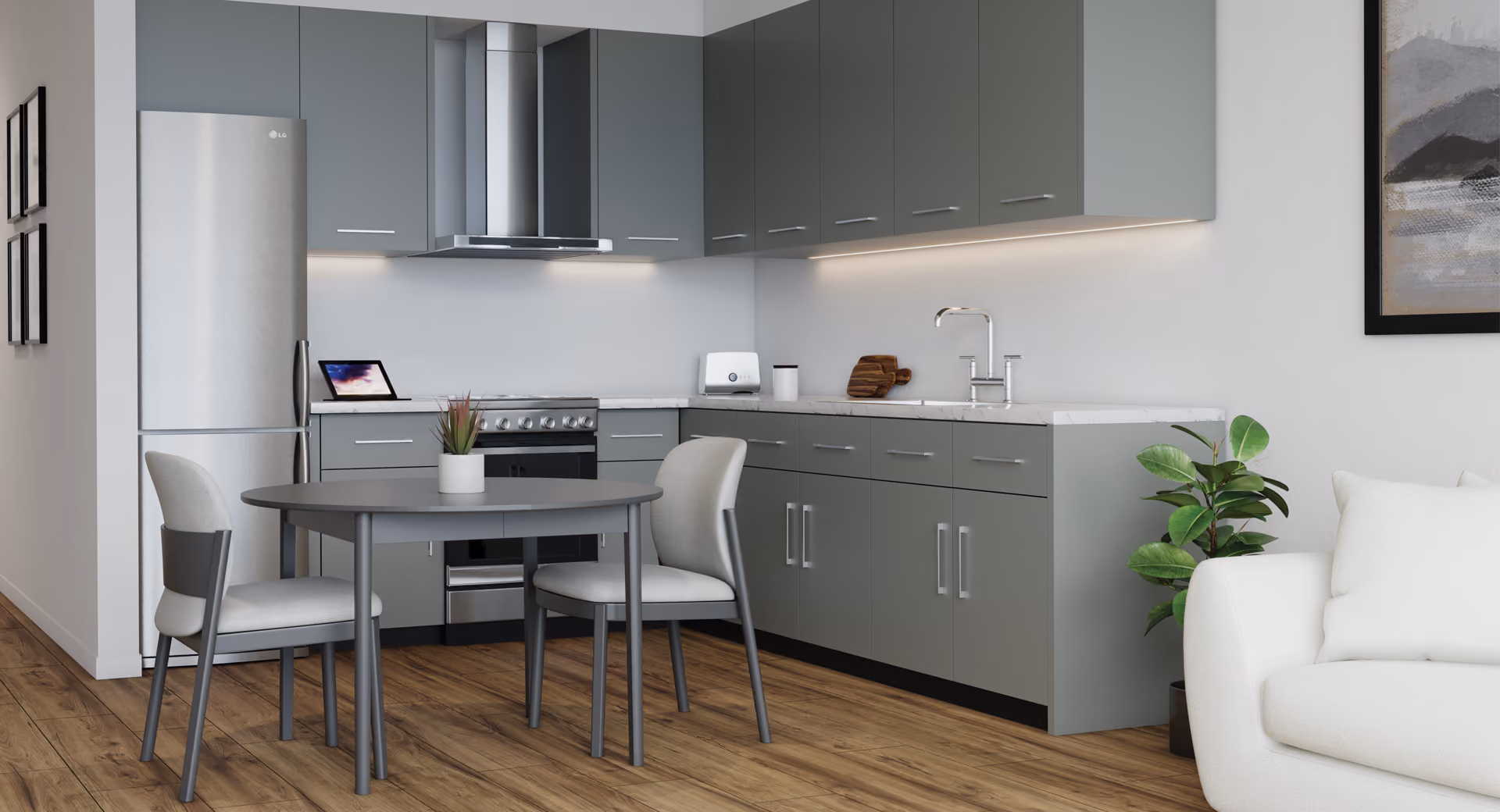 Kitchen: gray slab with dining table and Urban/Profile