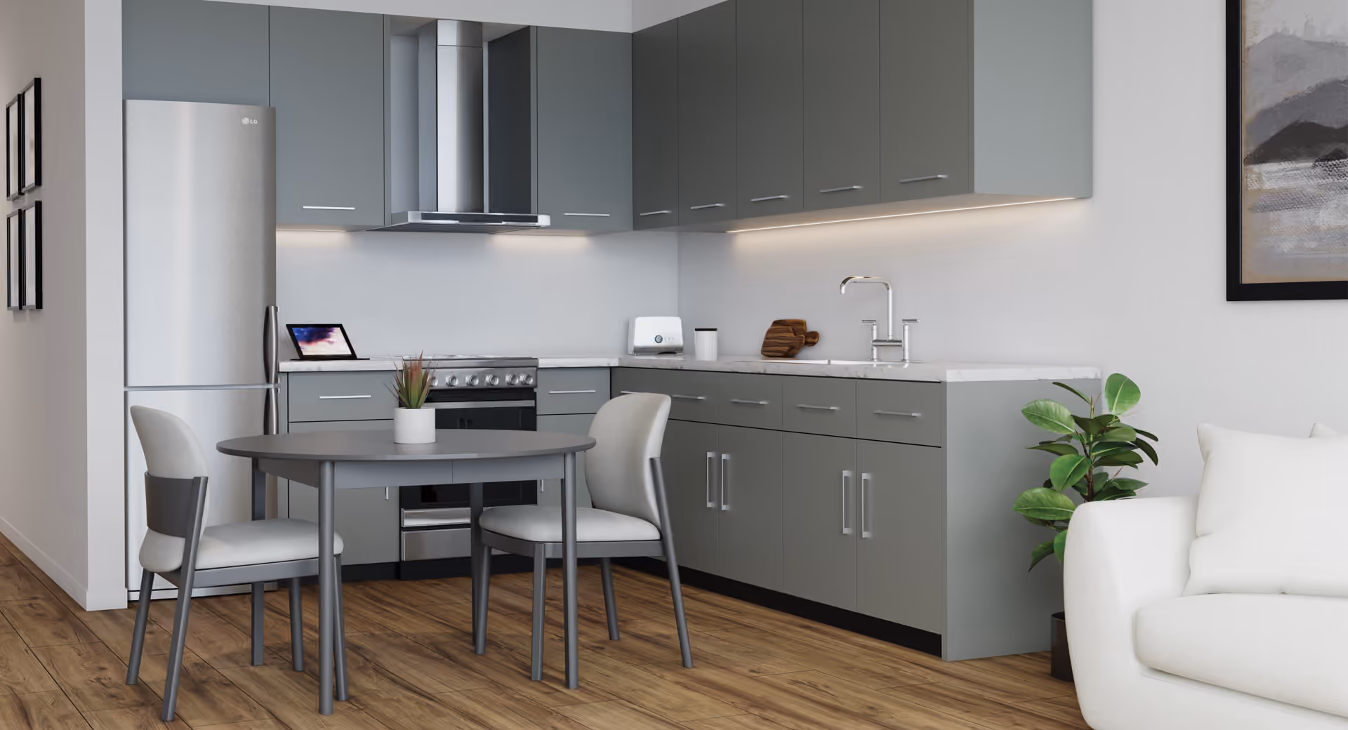 Gray slab kitchen with a dining table
