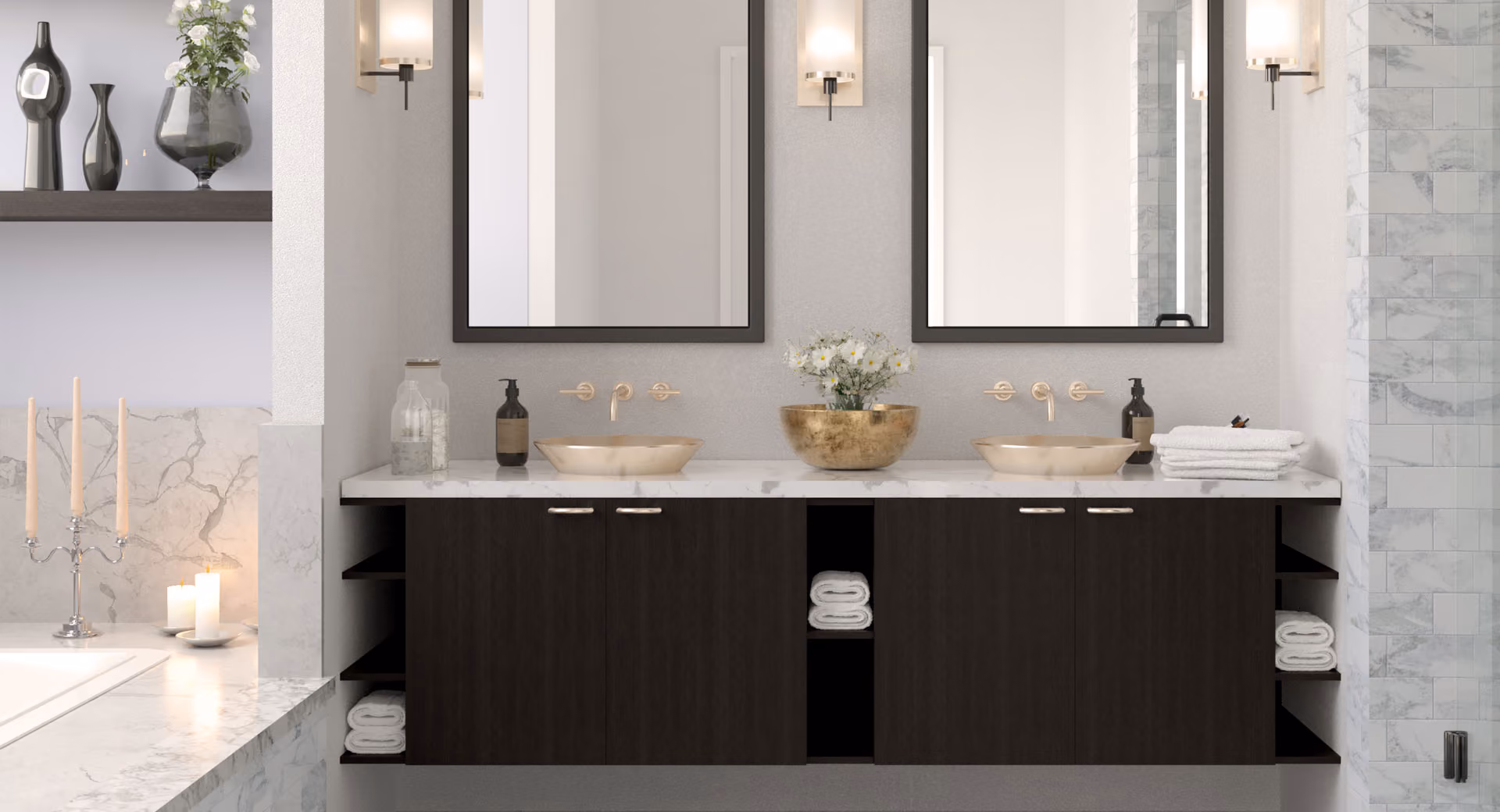 Black Forest bath vanity: black wood-grain slab with open shelves