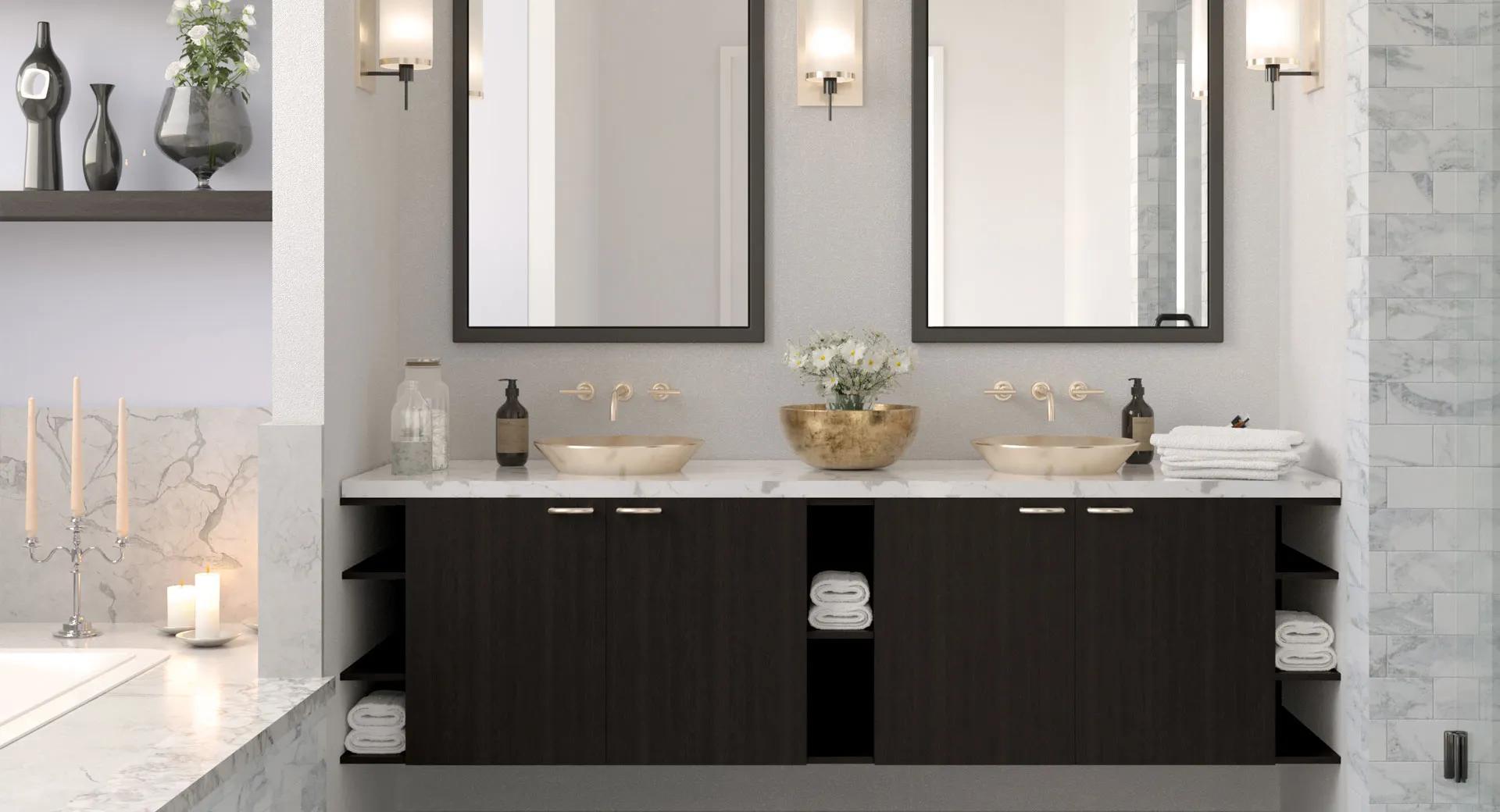Black Forest bath vanity: black wood-grain slab with open shelves