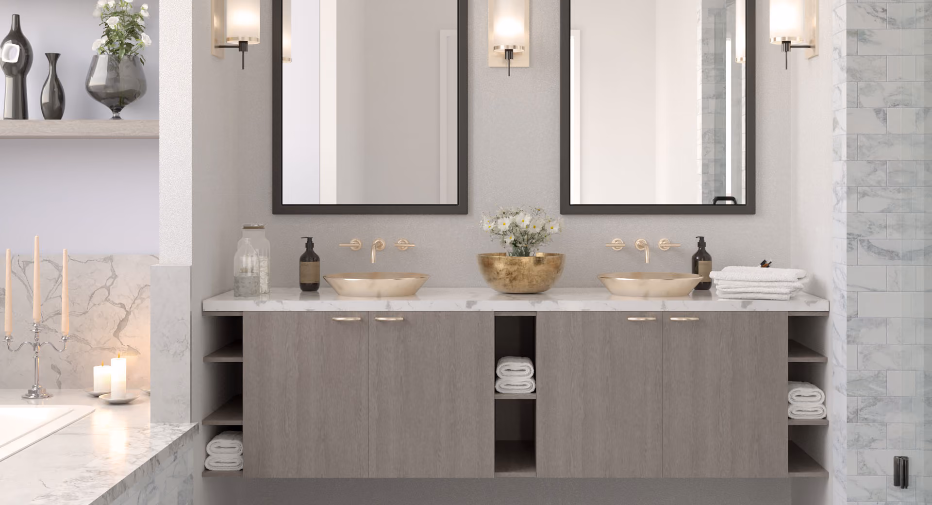 Shoreline bath vanity: gray wood-grain slab