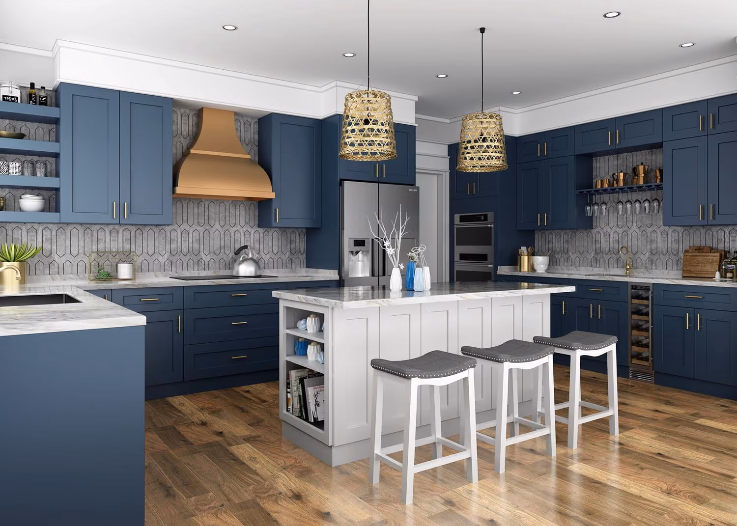 Imperial Blue kitchen: navy blue with copper hood and island