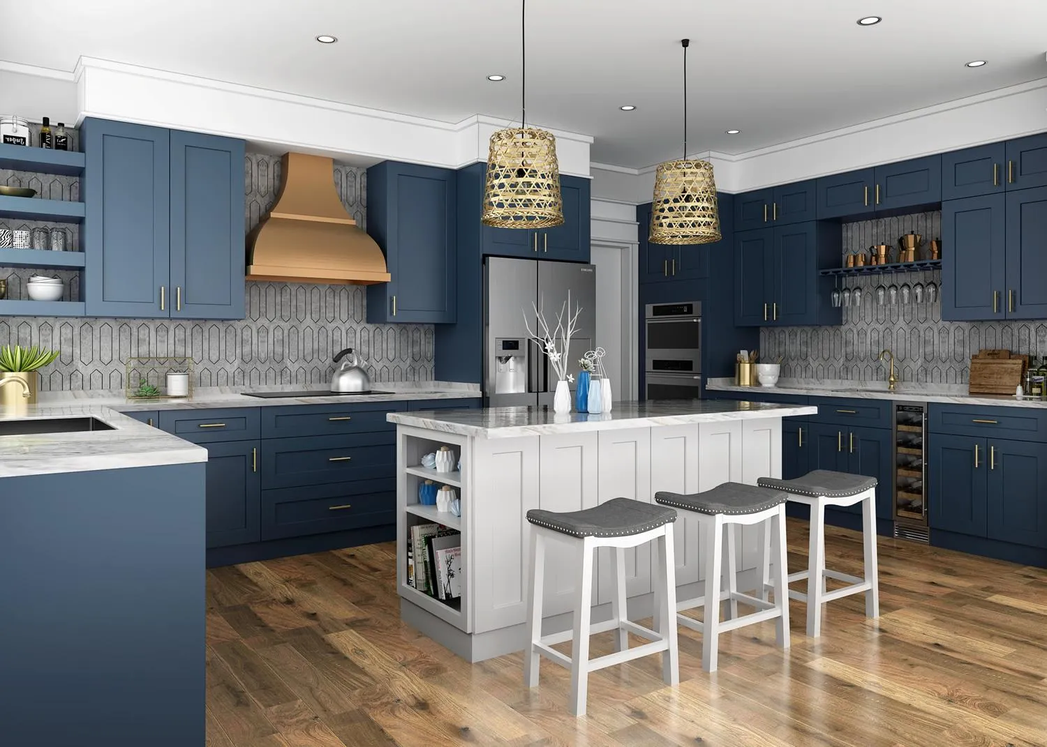 Imperial Blue kitchen: navy blue with copper hood and island