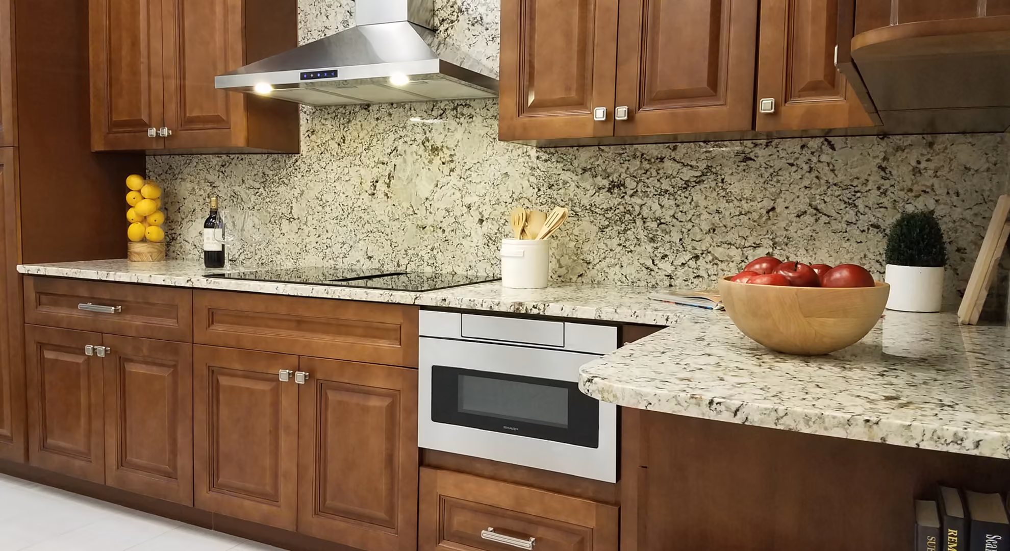 Kitchen: walnut Maduro with granite and microwave drawer