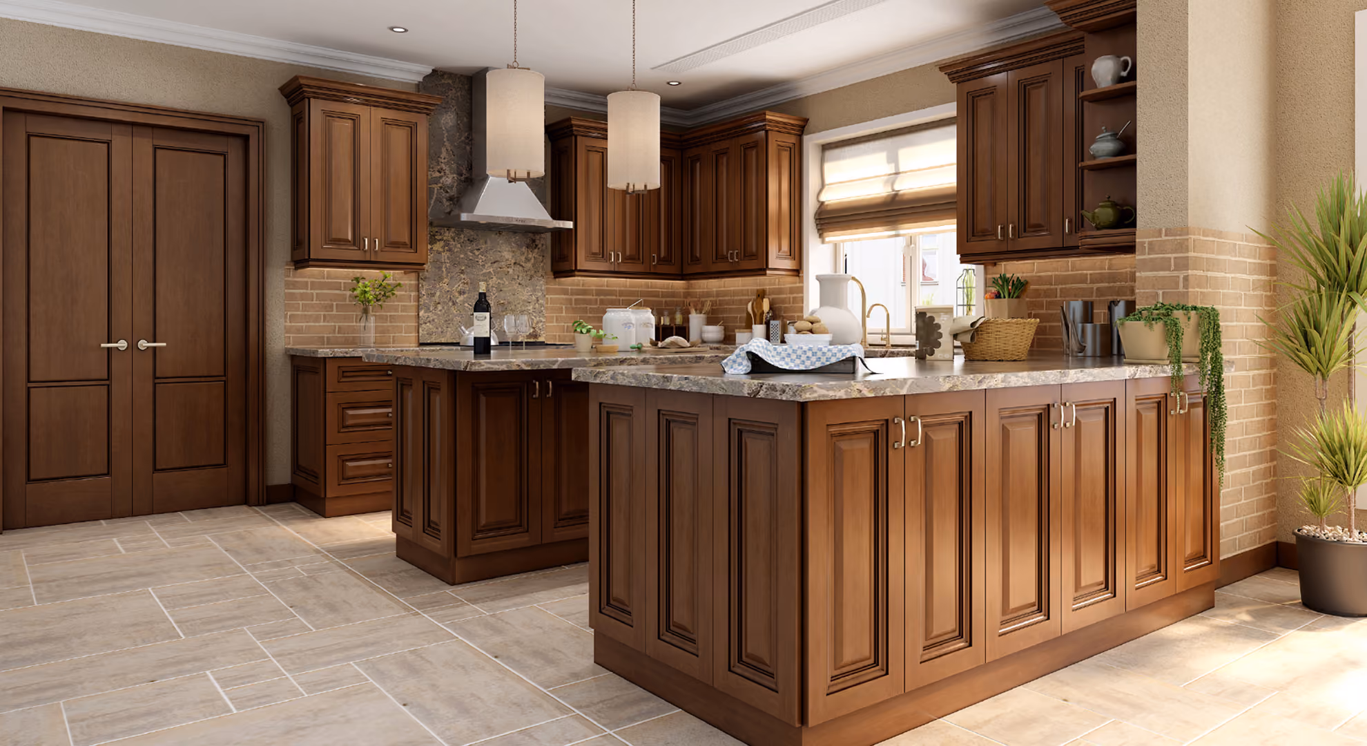 Kitchen: walnut Maduro with island and tile floor