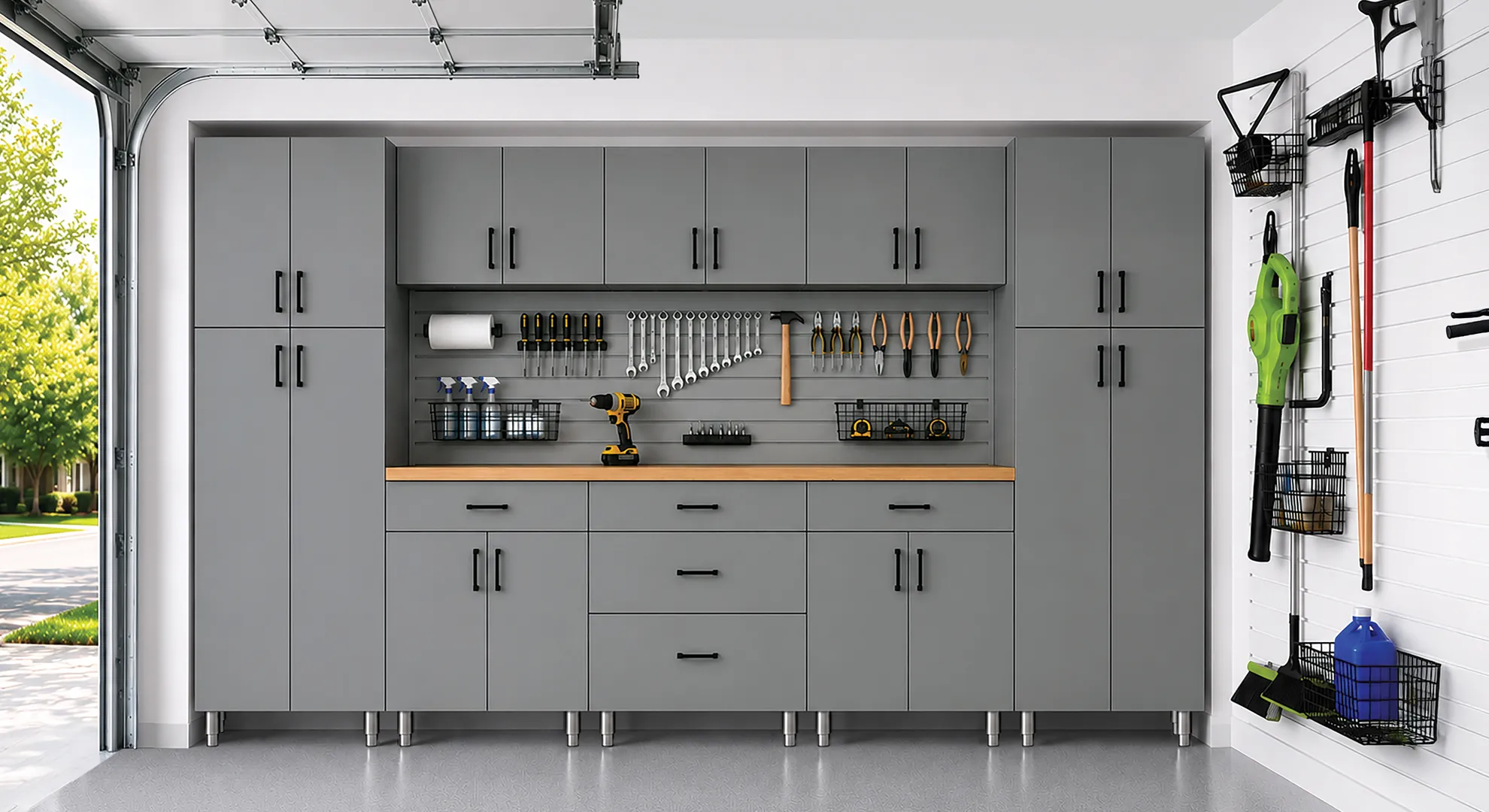 Garage with gray Maverick cabinets, a butcher-block workbench and a pegboard wall