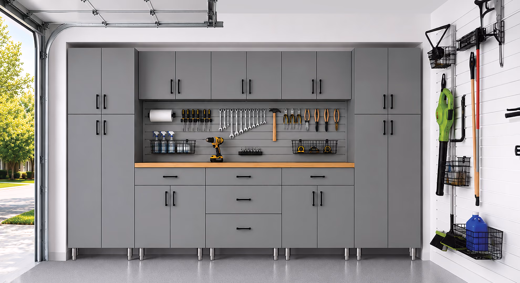 Garage: gray Maverick cabinets with butcher-block bench and pegboard