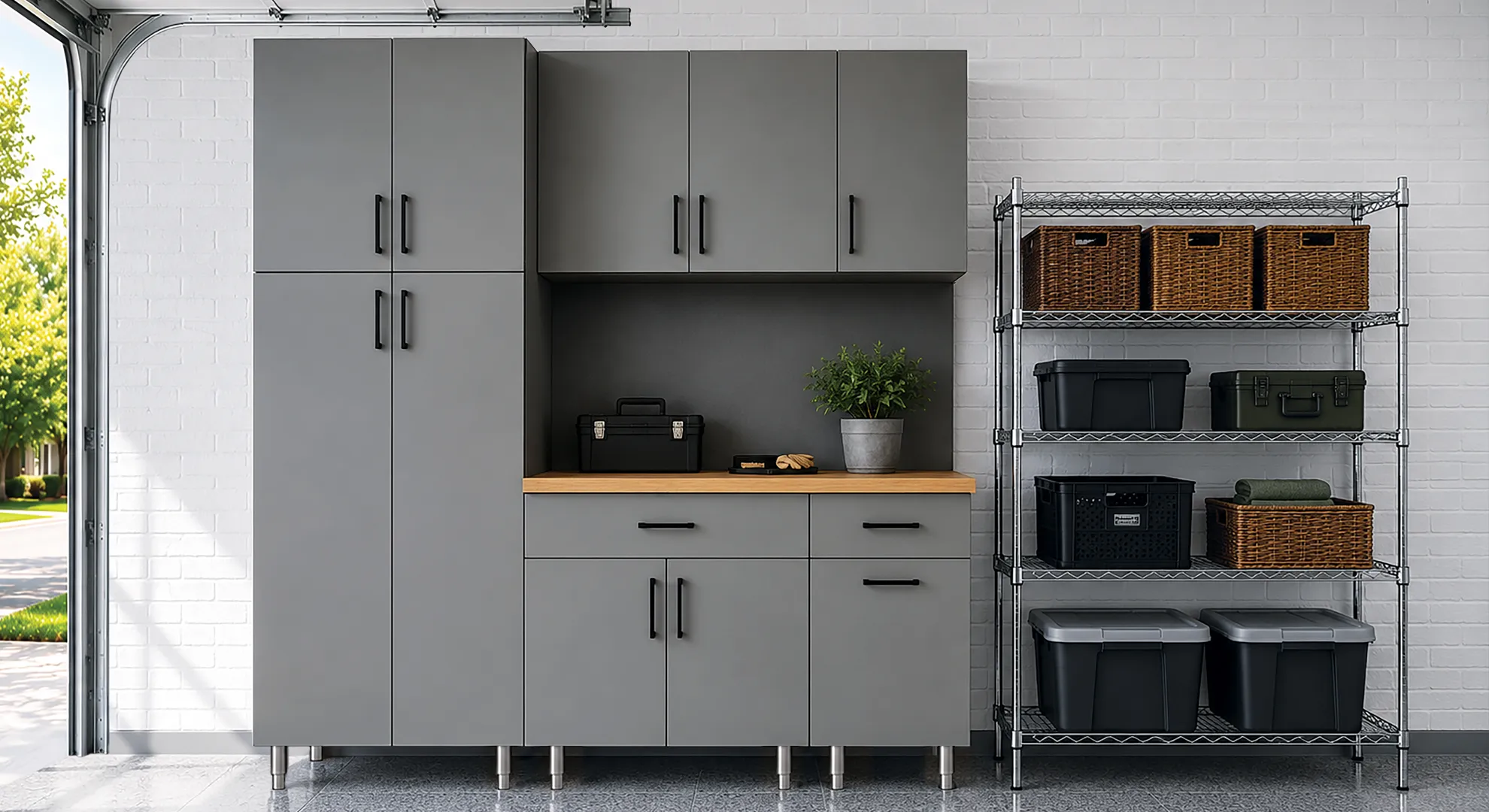 Tall gray Maverick cabinets and shelving with bins