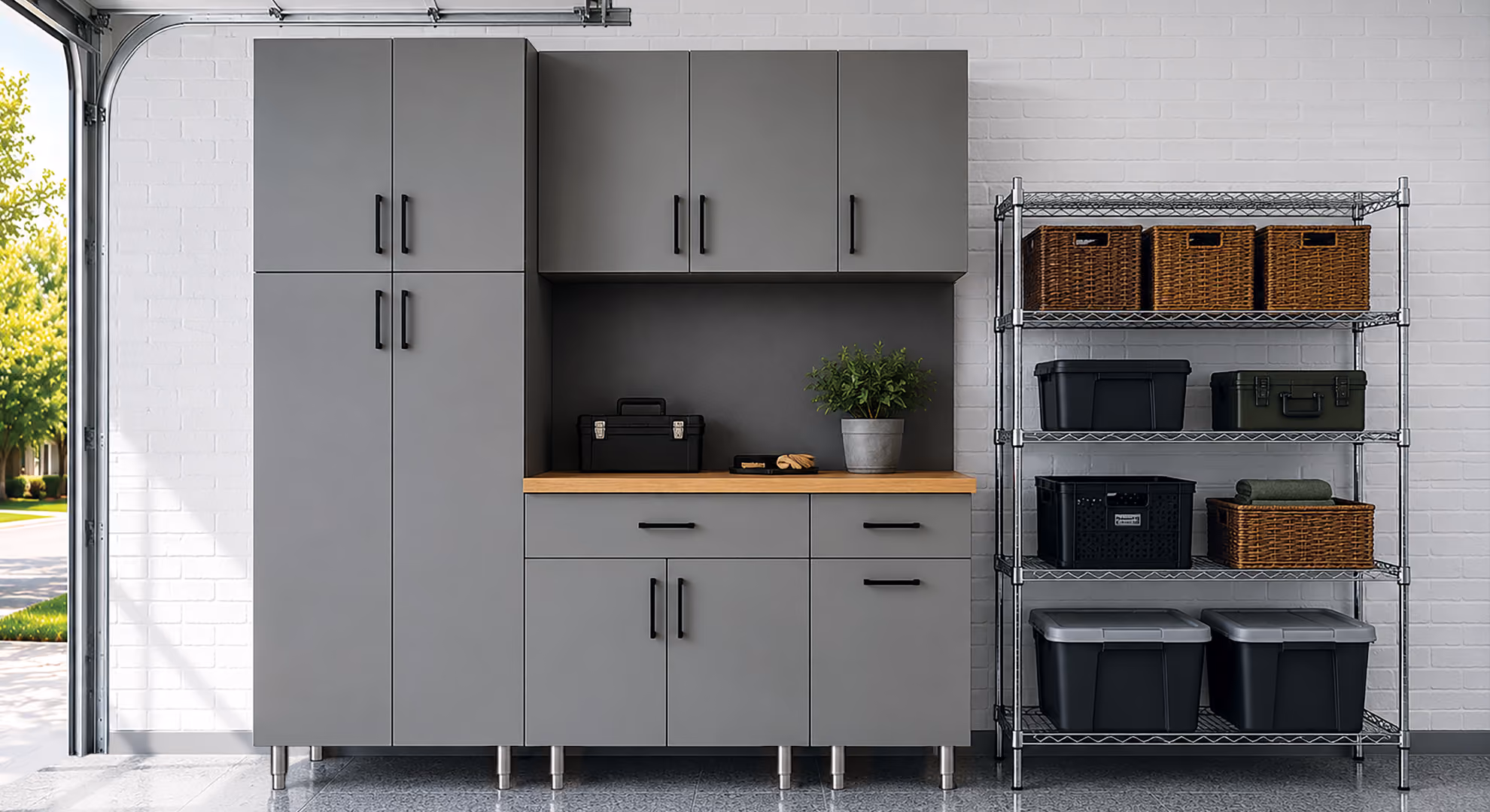 Garage: gray Maverick tall cabinets and shelving with bins