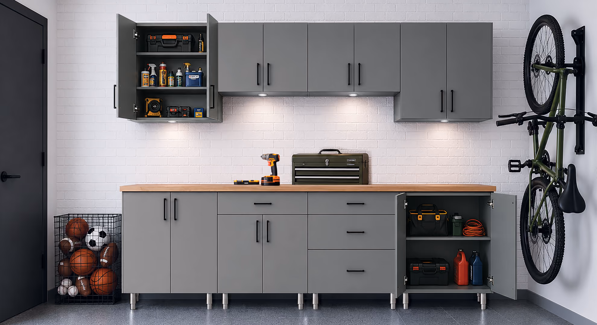 Garage: gray Maverick base and wall cabinets with bike on wall