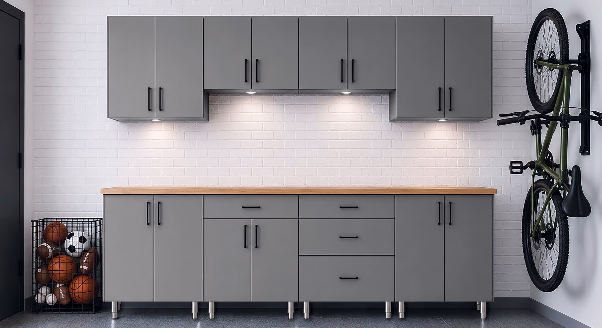 Garage: gray Maverick workbench with under-cabinet lights