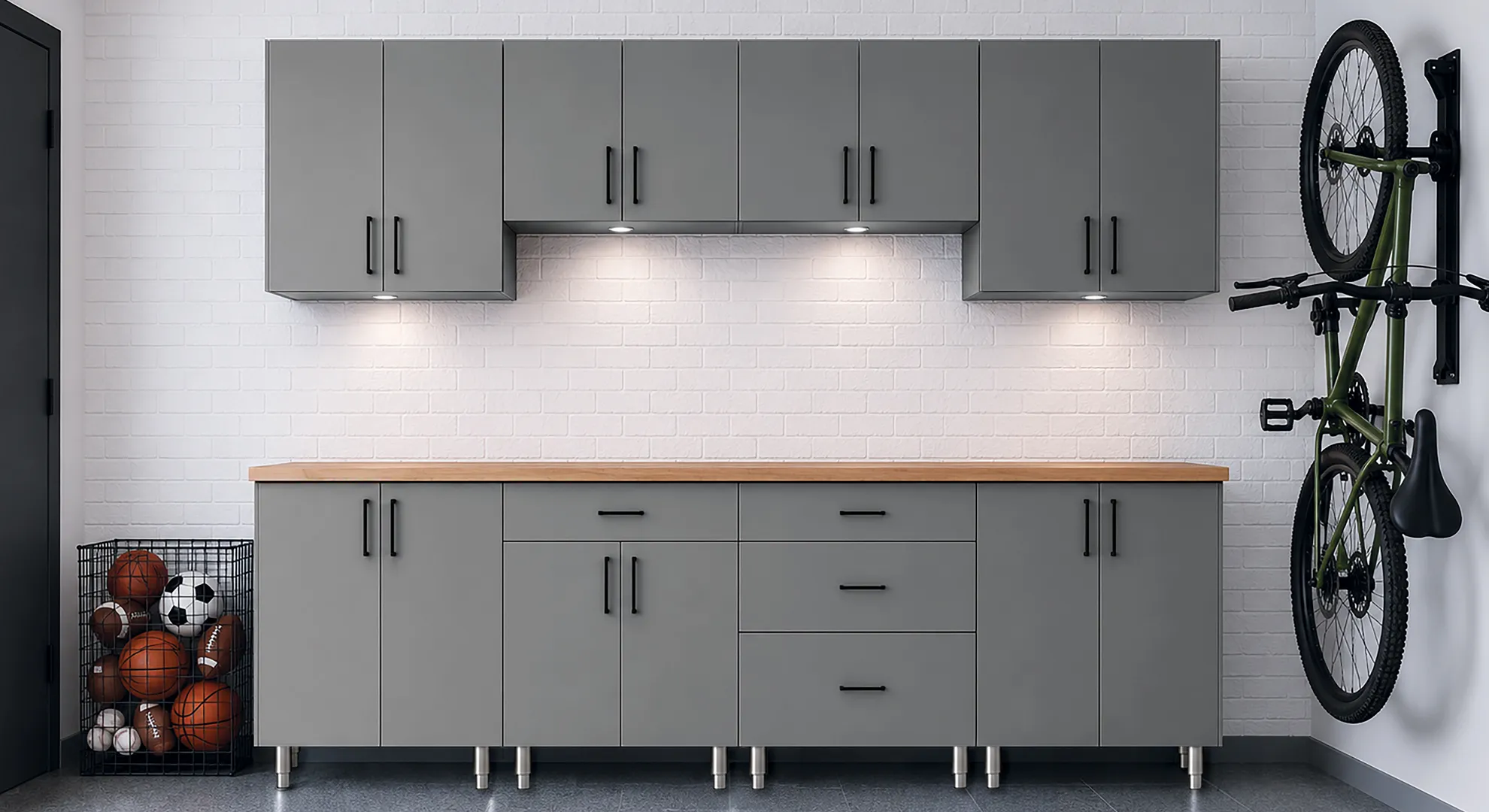 Gray Maverick garage workbench with under-cabinet lights