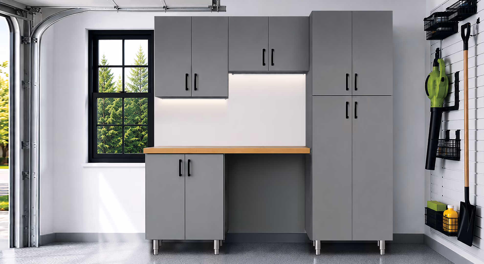 Garage: gray Maverick with desk nook and red stool