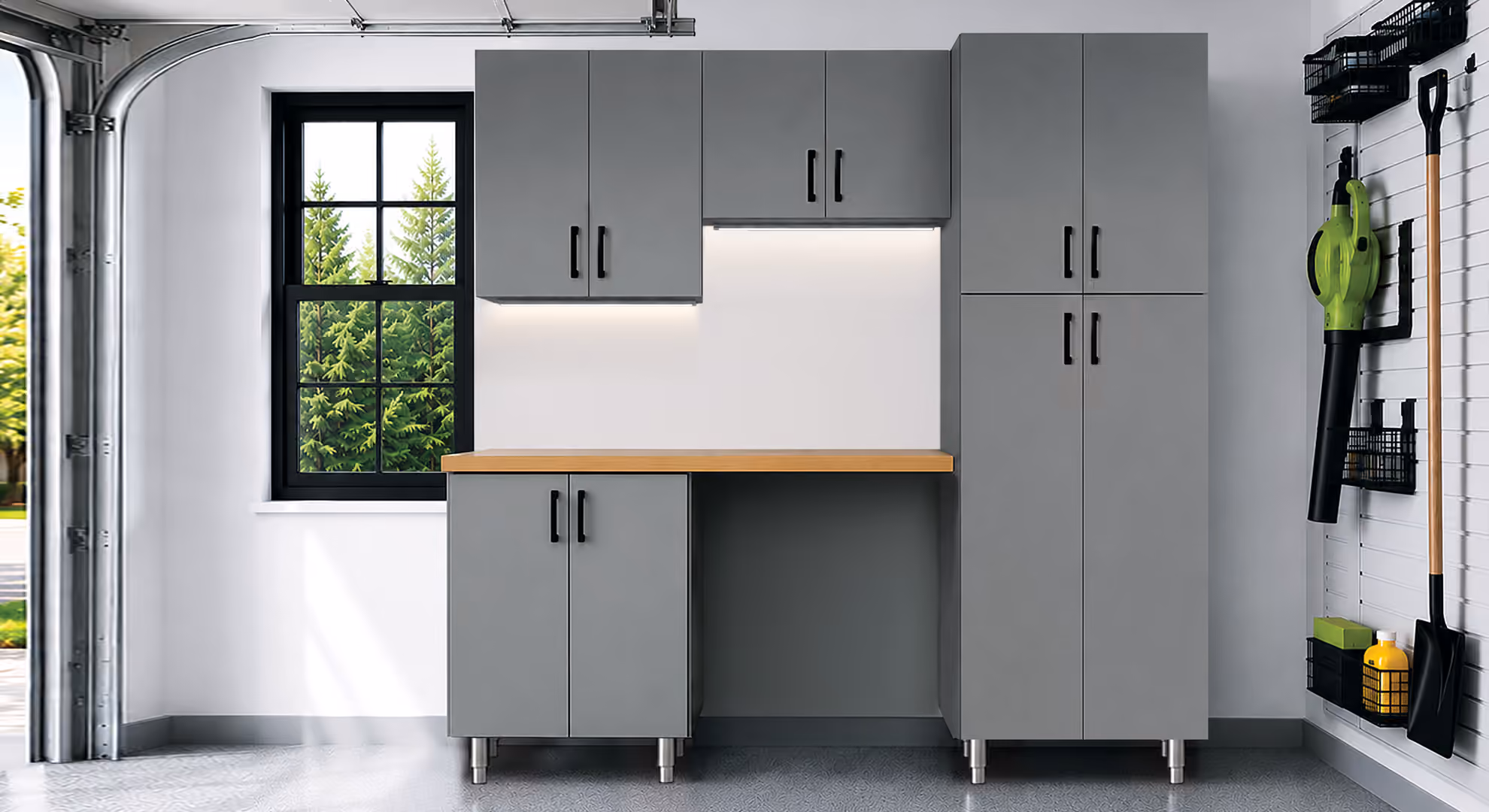 Gray Maverick garage cabinets with a desk nook