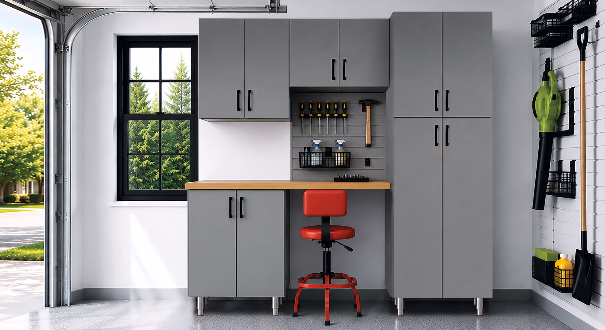 Garage: gray Maverick with red stool and window