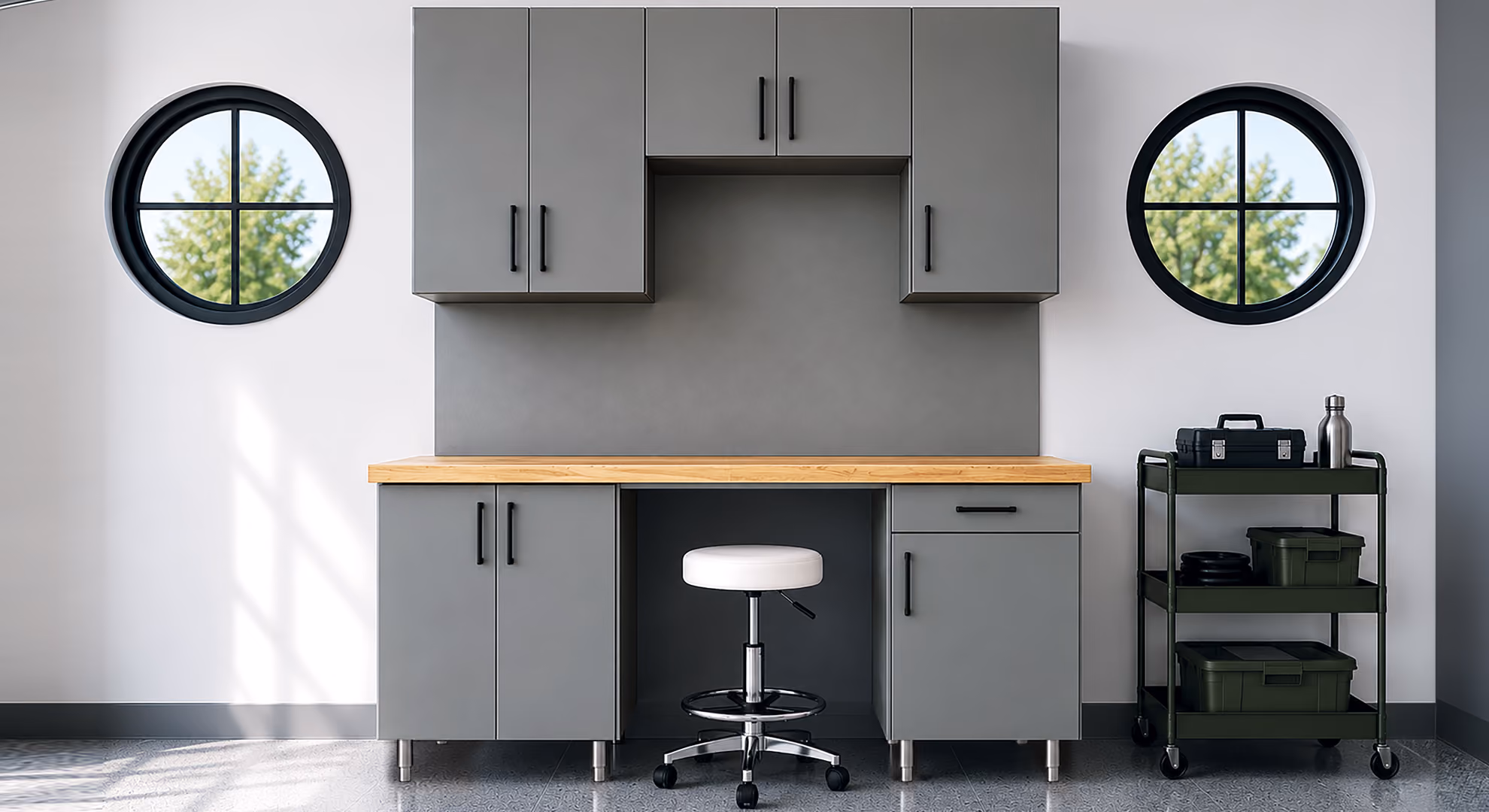 Garage: gray Maverick workstation with round windows