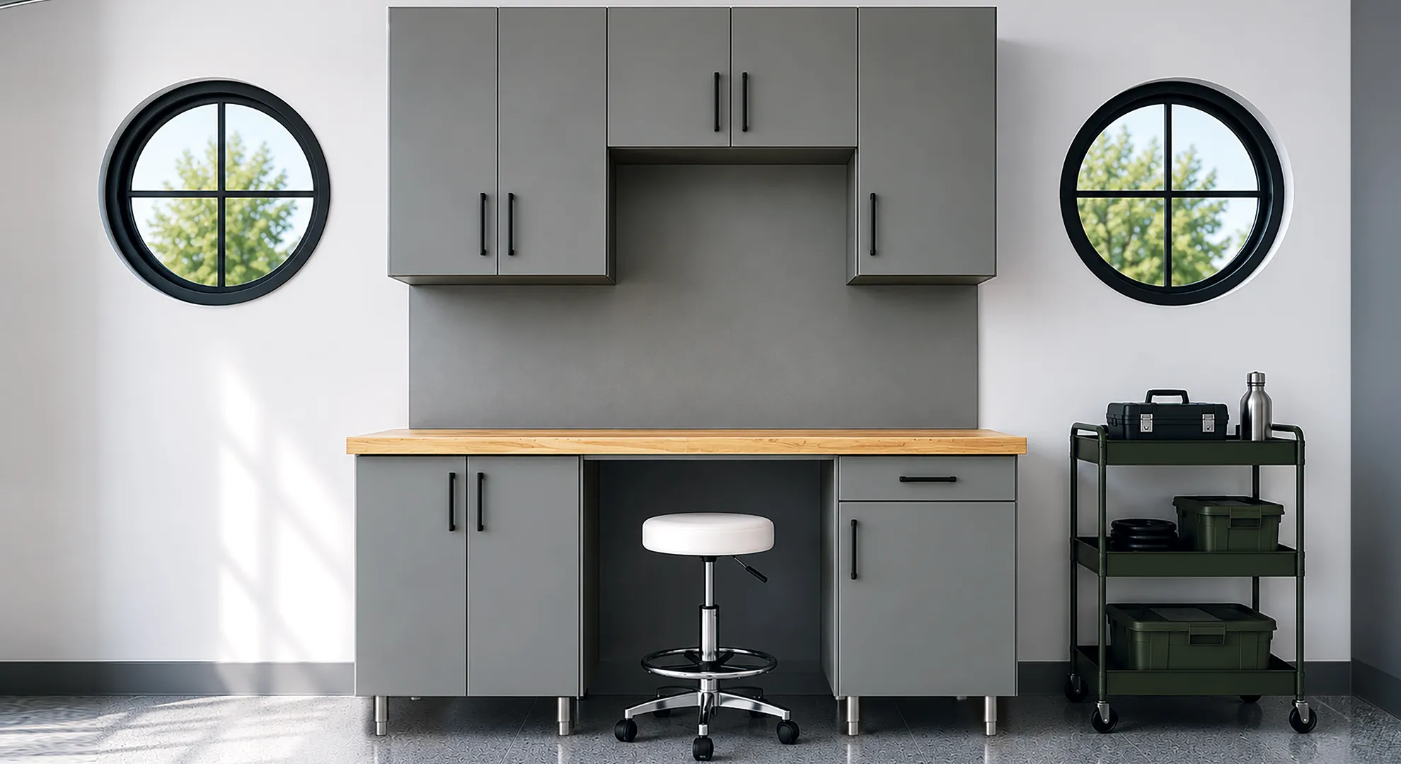 Maverick workstation between round windows
