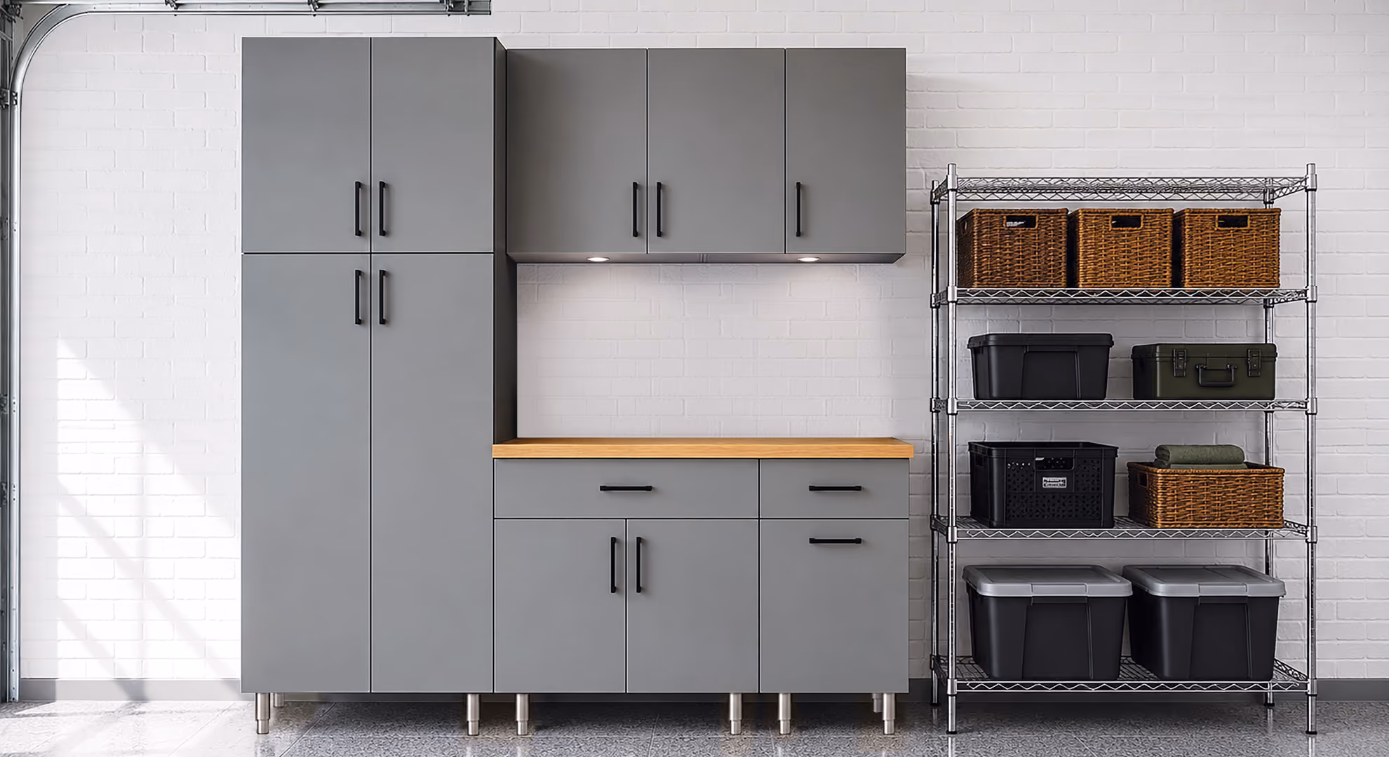 Garage: gray Maverick tall cabinets with bins