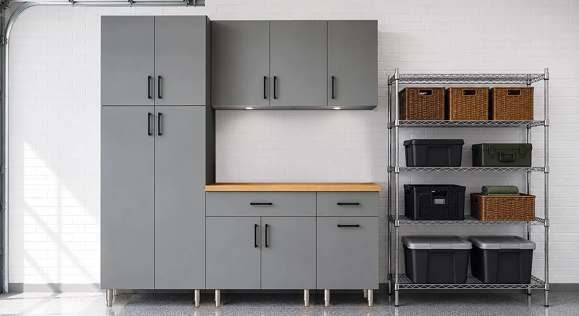 Tall gray Maverick cabinets with bins and shelves