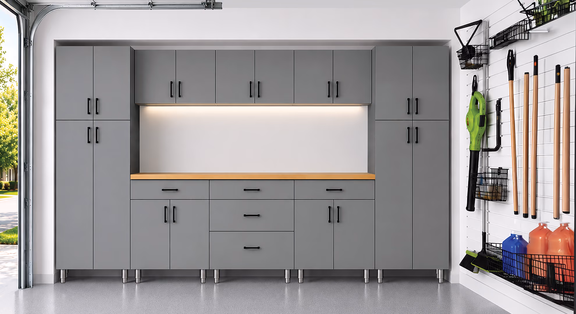 Garage: gray Maverick with lit backsplash and tools
