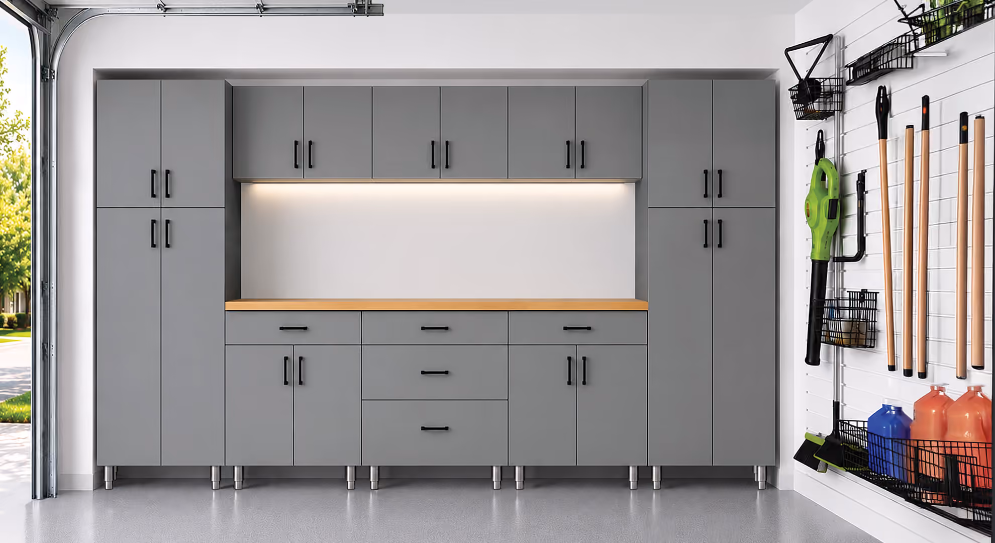 Gray Maverick garage cabinets with a lit backsplash