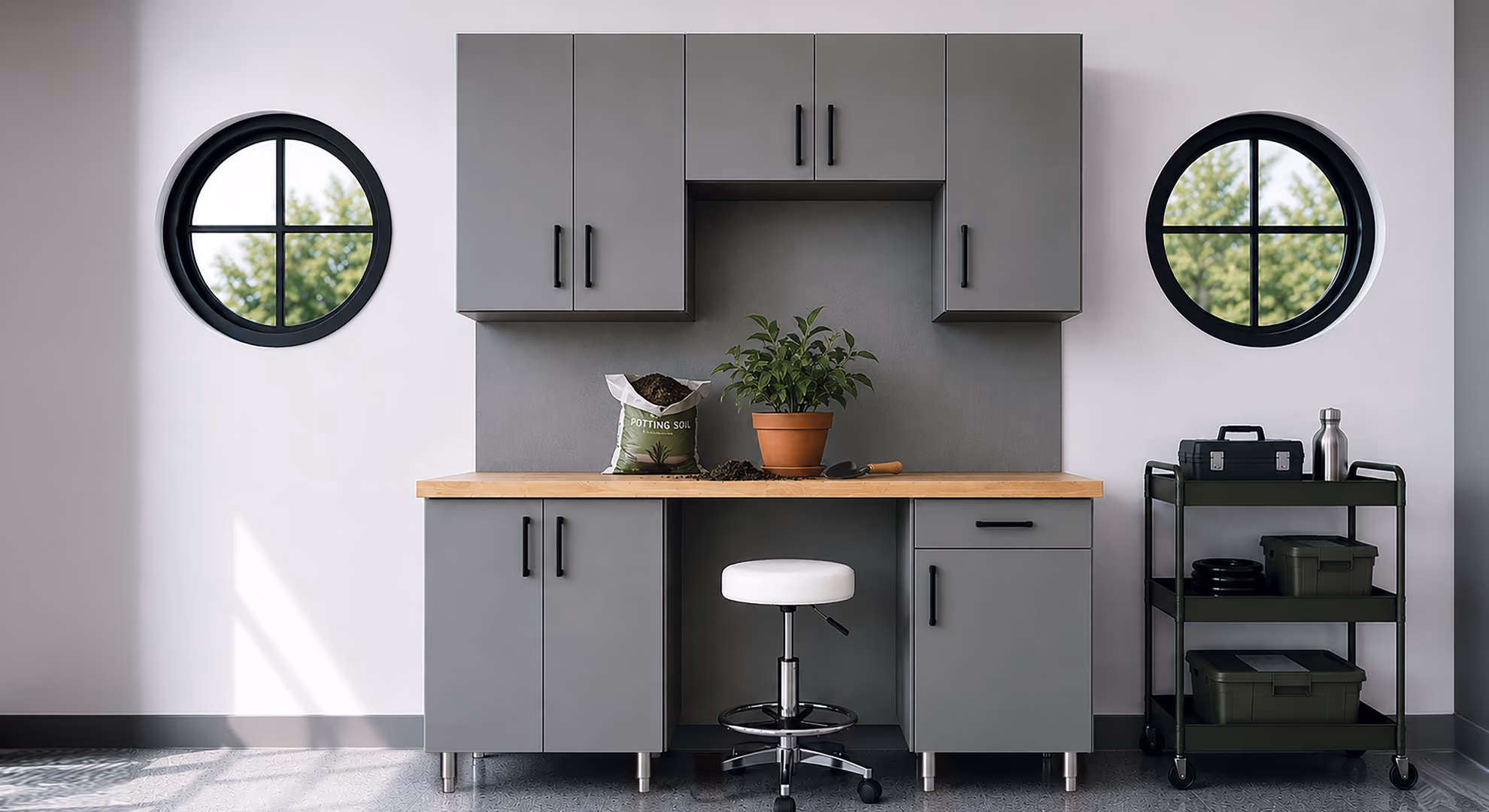 Garage: gray Maverick desk with round windows