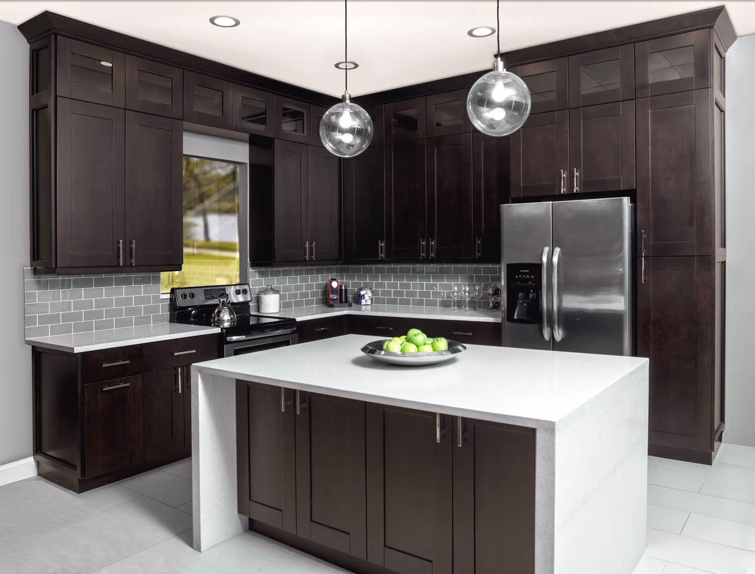 Midnight Espresso kitchen: espresso cabinets with white island